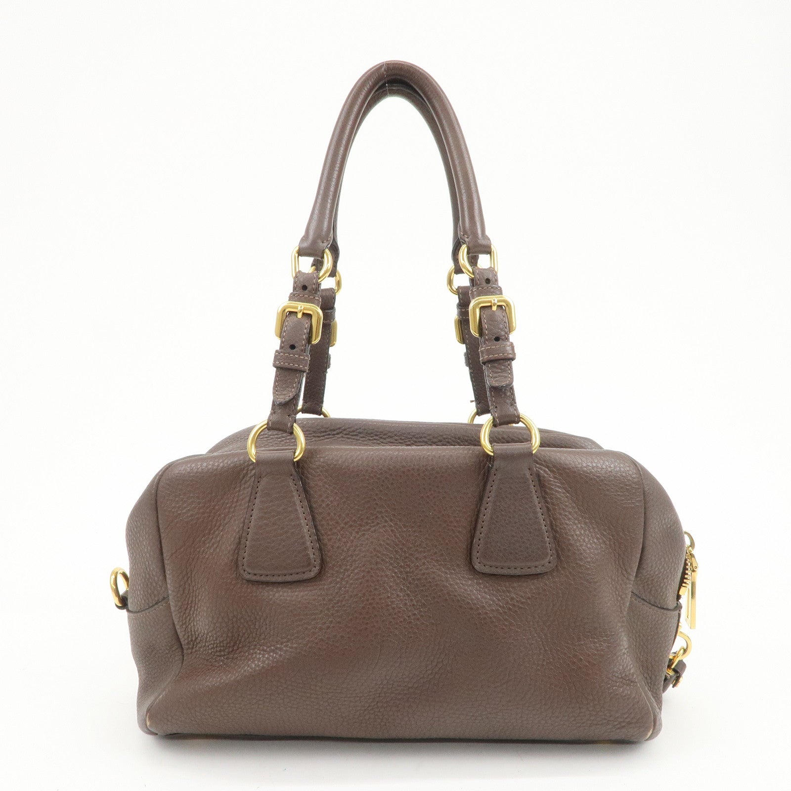 PRADA Logo Leather Shoulder Bag Boston Bag Hand Bag Brown B3091M