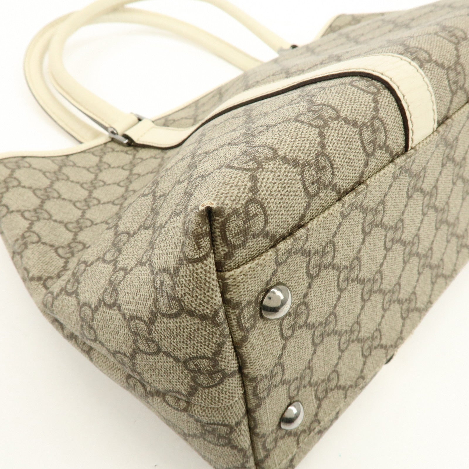 GUCCI GG Canvas Leather Shoulder Bag Tote Bag Beige White 114595