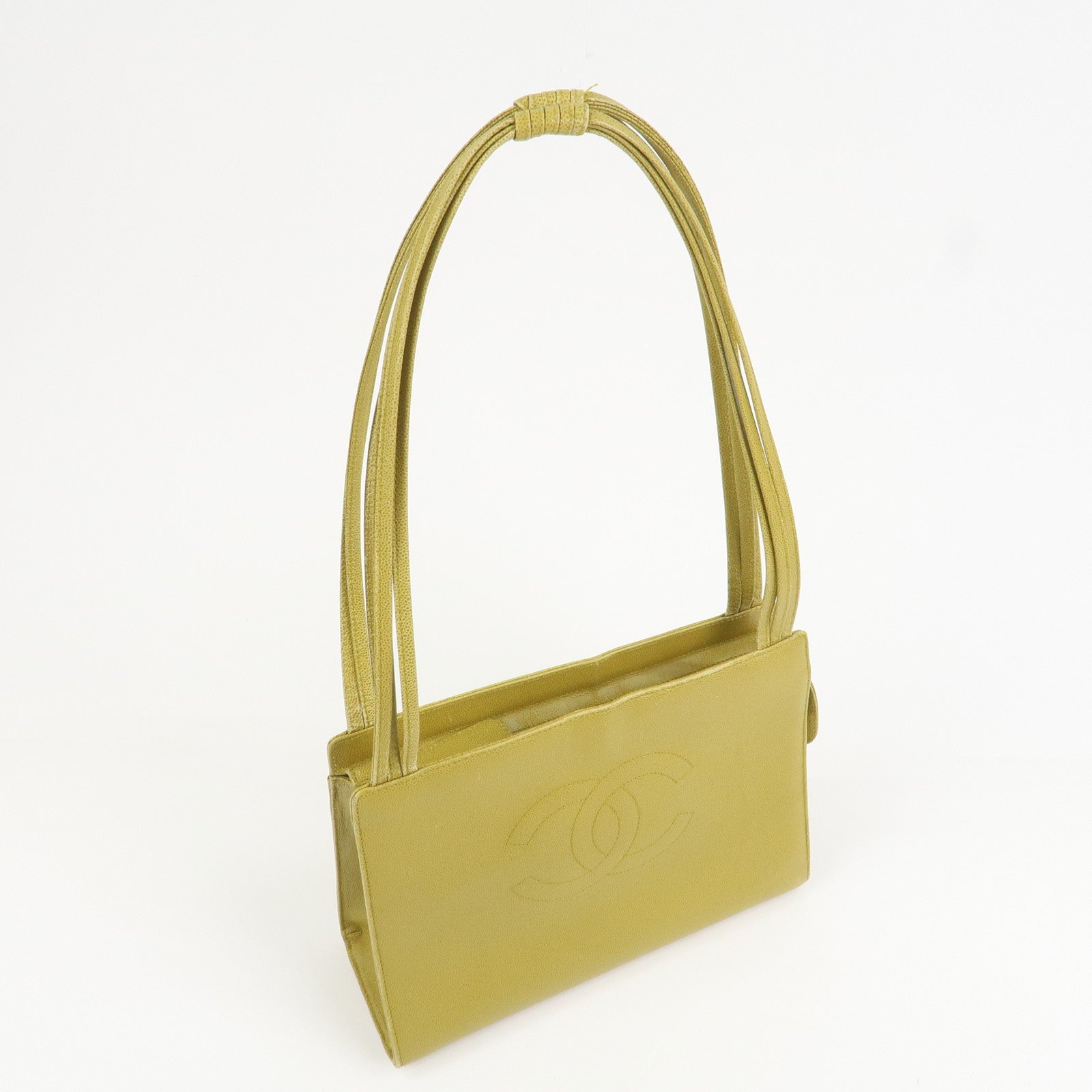 CHANEL COCO Mark Caviaskin Leather Tote Bag Hand Bag Yellow