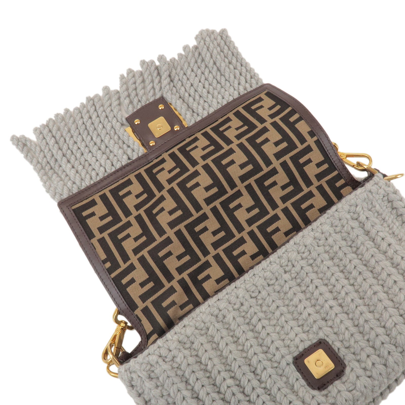 FENDI Zucca Knit Leather 2Way Shoulder Bag Baguette Grey SBR600