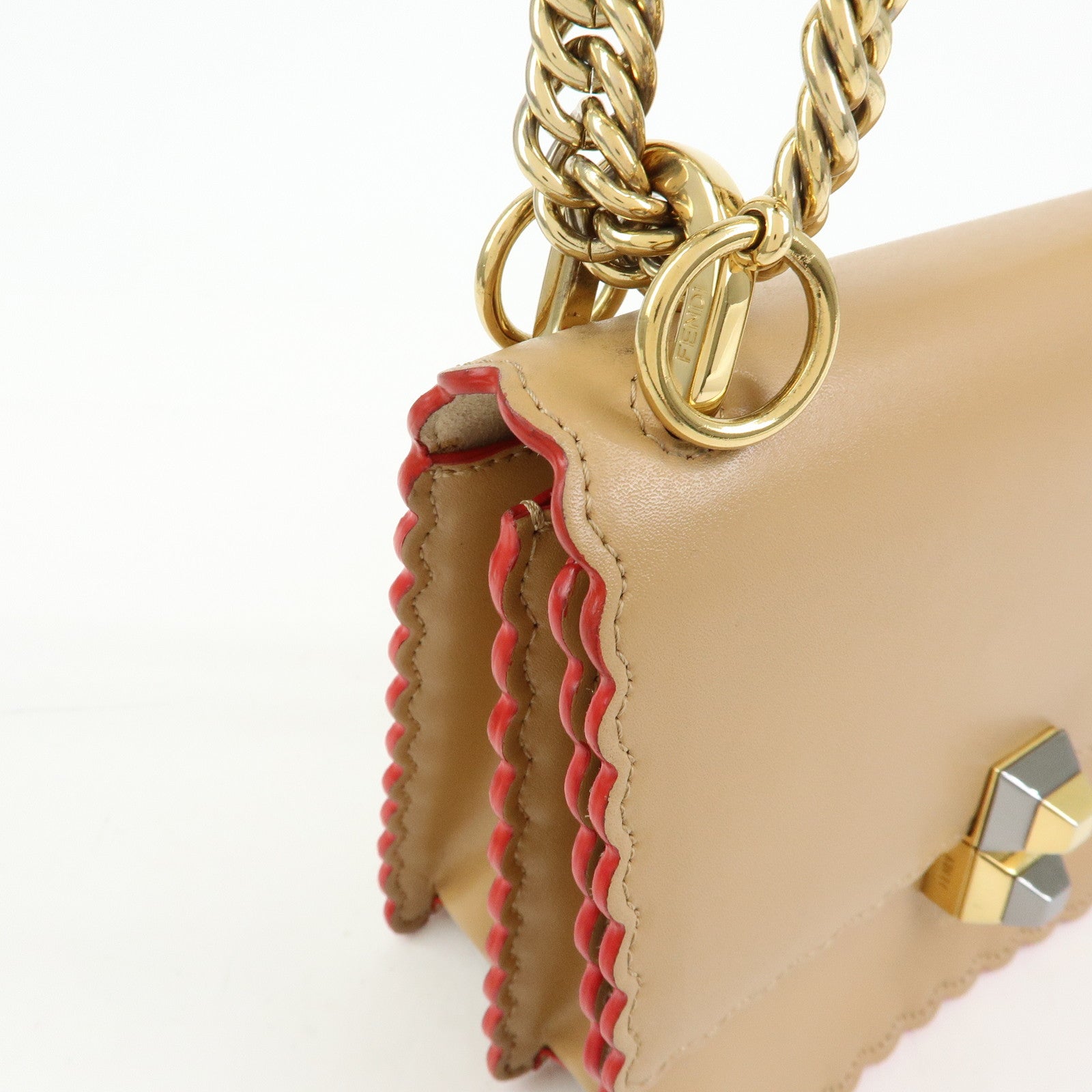 FENDI Mini Kan I Leather Chain Shoulder Crossbody Bag Beige 8M0381