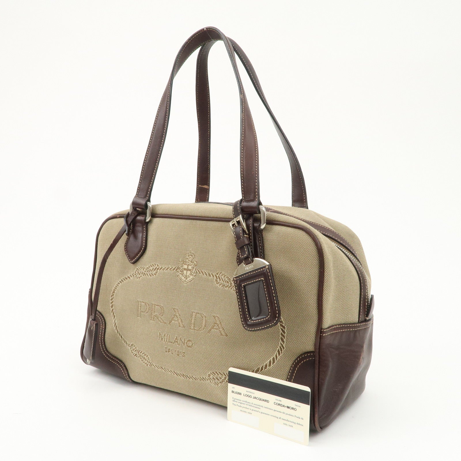 PRADA Logo Jacquard Leather Boston Bag Shoulder Bag Beige BL0260 Used