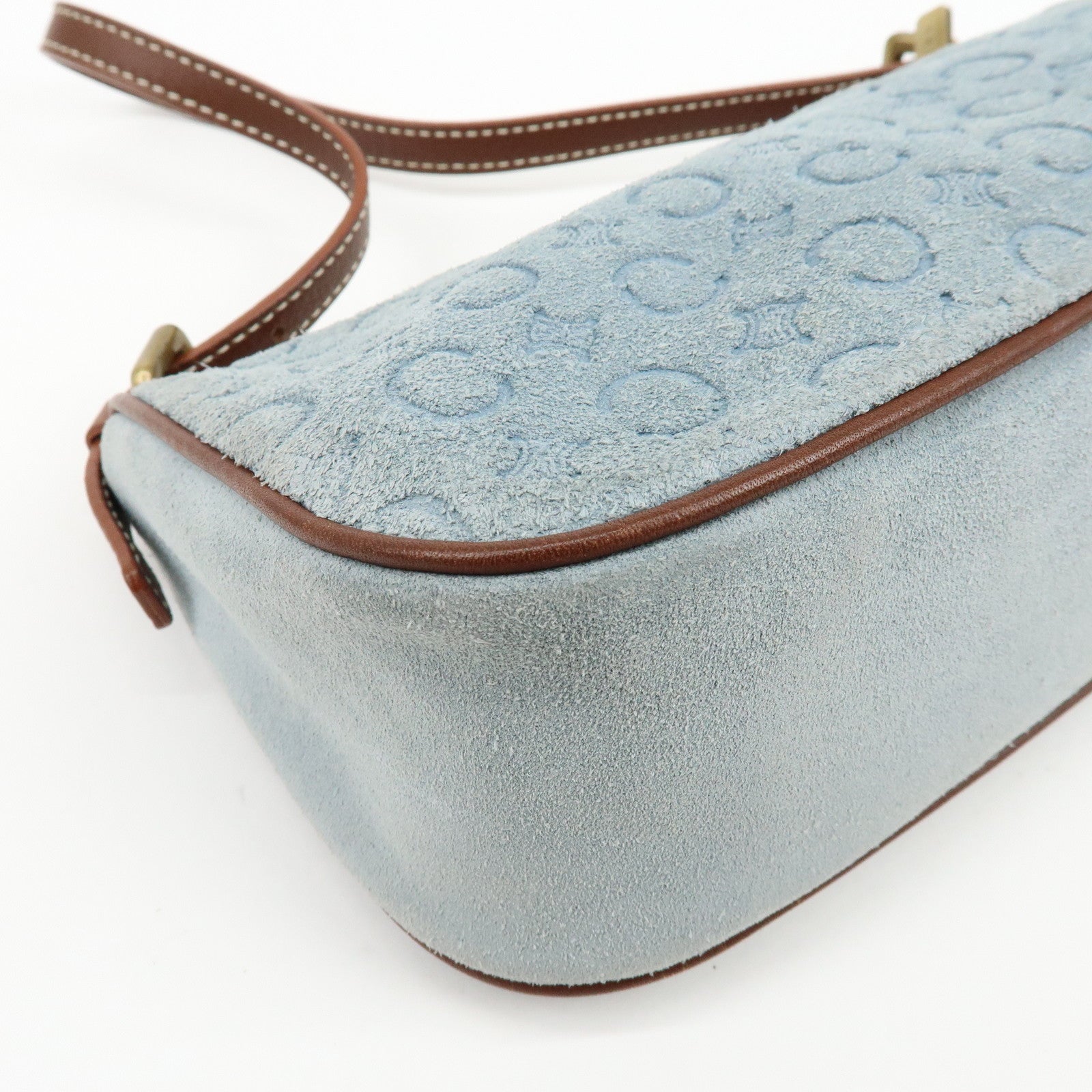 CELINE C Macadam Suede Leather Shoulder Bag Hand Bag Light Blue