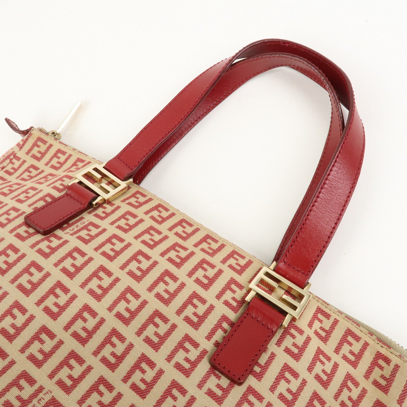 FENDI Zucchino Canvas Leather Tote Bag Hand Bag Beige Red 8BH134