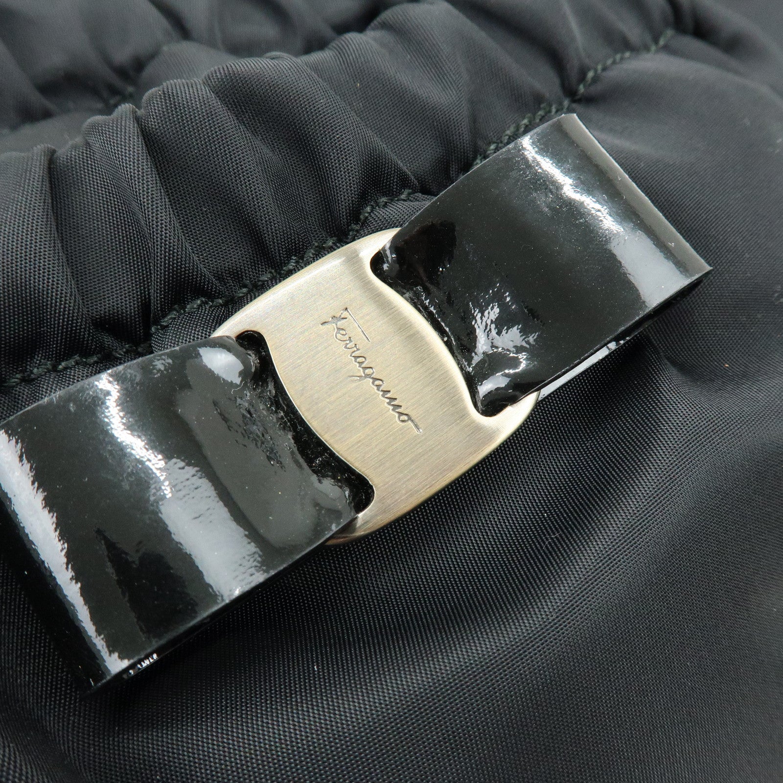 Ferragamo Vara Ribbon Nylon Patent Leather 2Way Bag Hand Bag Black