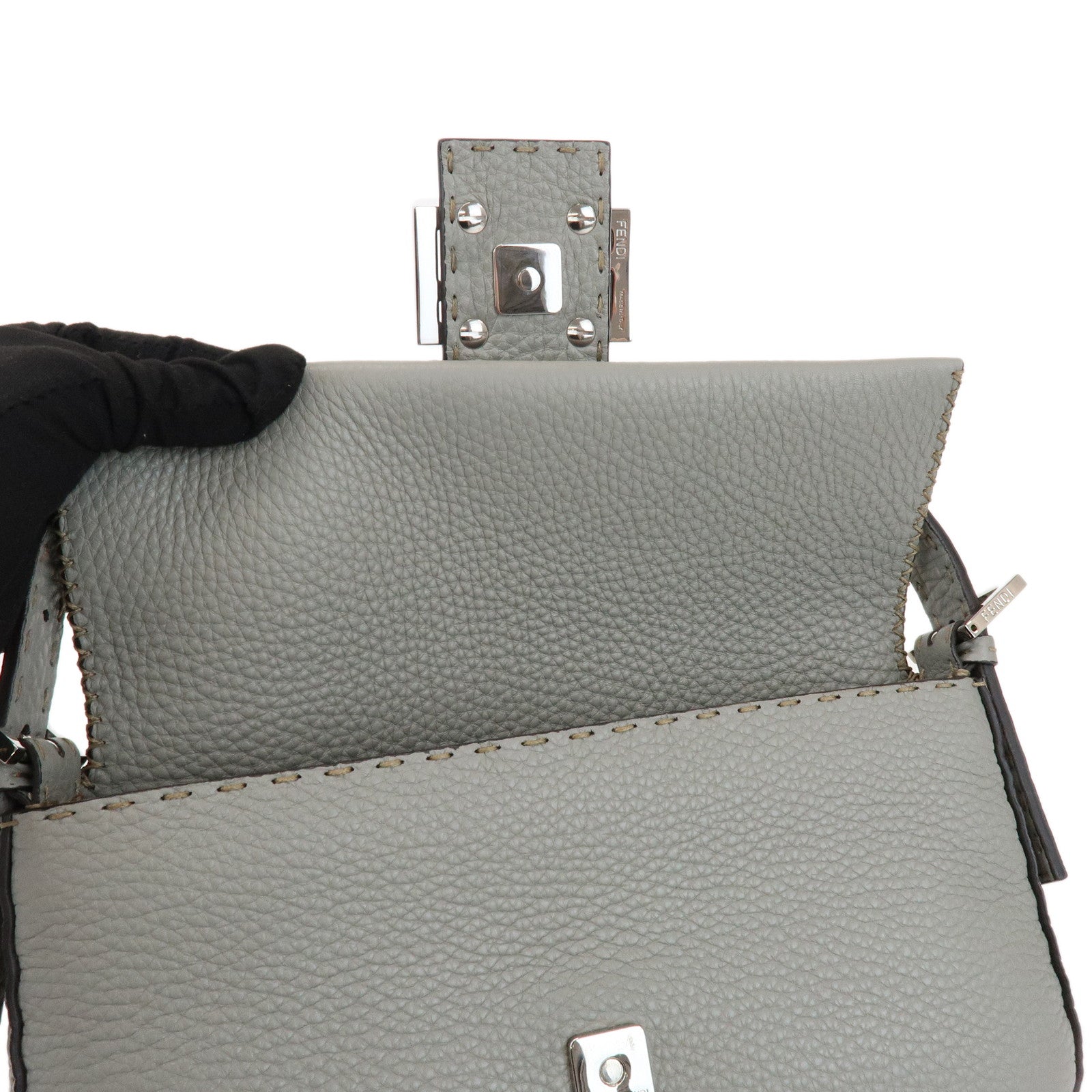 FENDI Mamma Baguette Selleria Leather Shoulder Bag Gray 8BR600