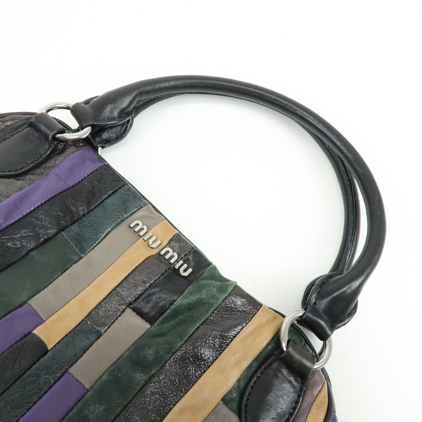 MIU MIU Logo Leather Hand Bag Shoulder Bag Black Purple Green