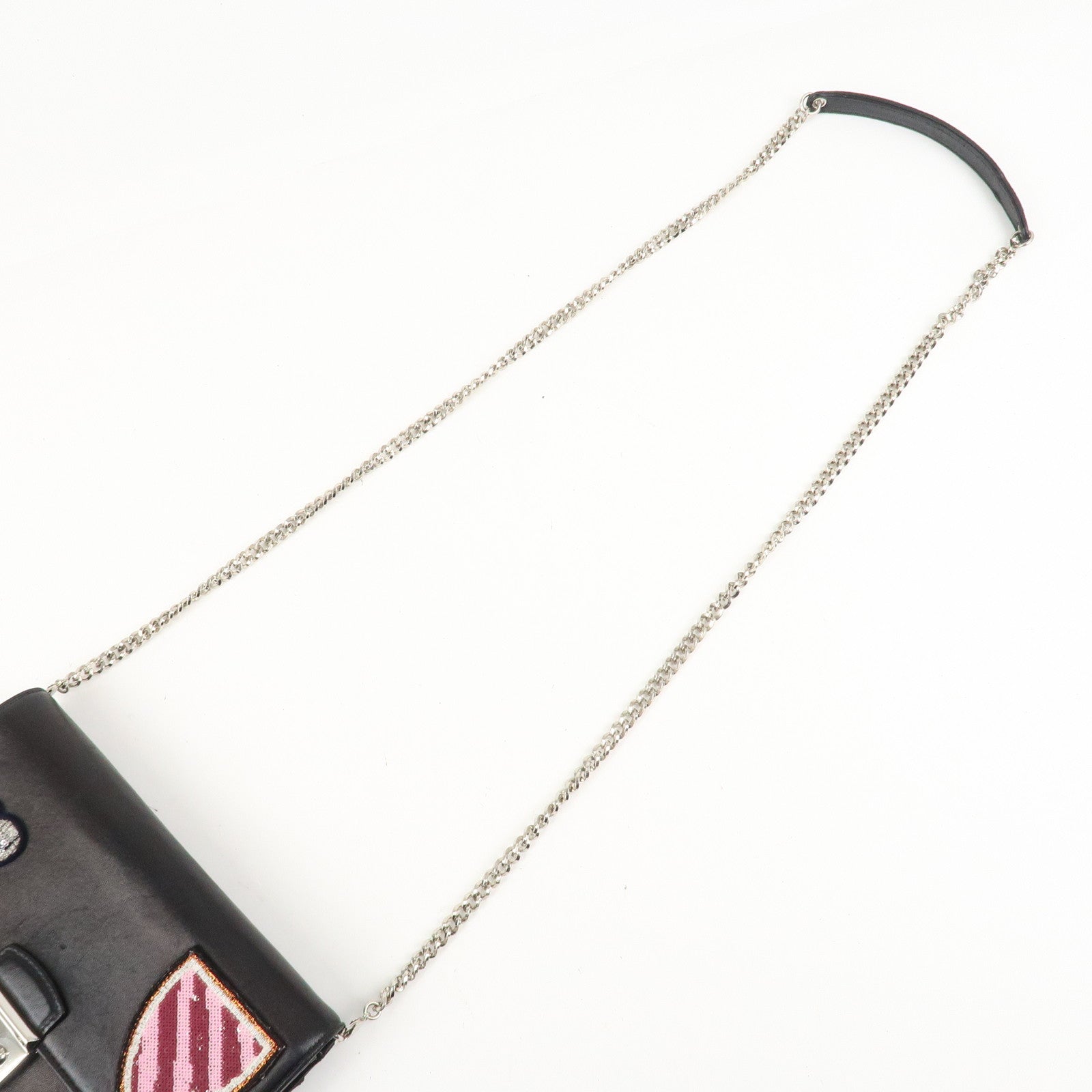 Christian Dior Leather Chain Shoulder Bag Heart Embroidery Black
