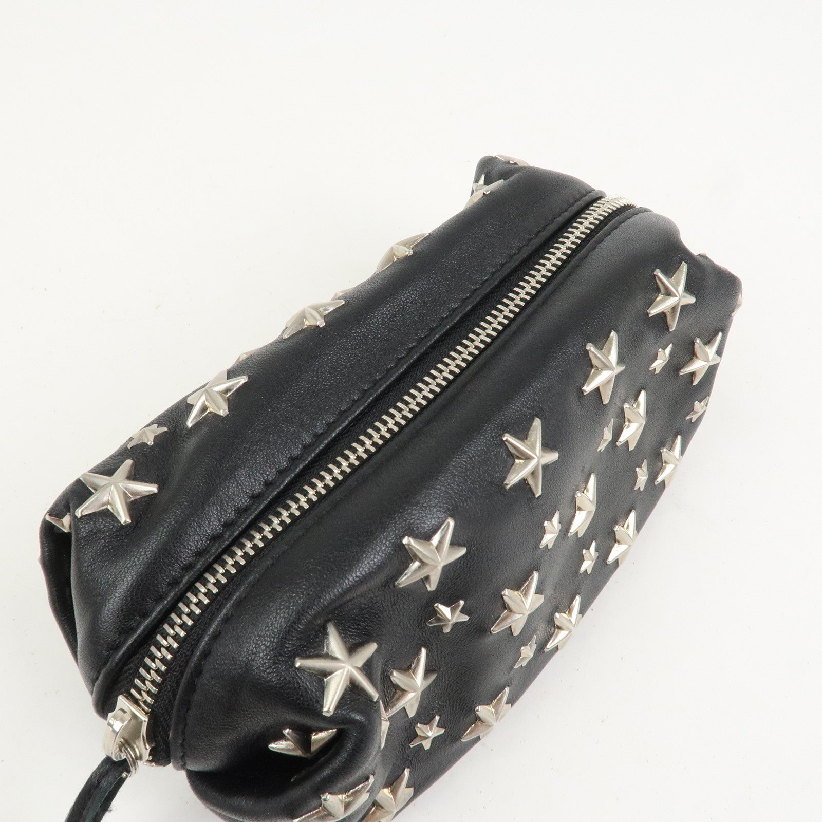 JIMMY CHOO Leather Star Studs Pouch Cosmetic Pouch Makeup Bag Black