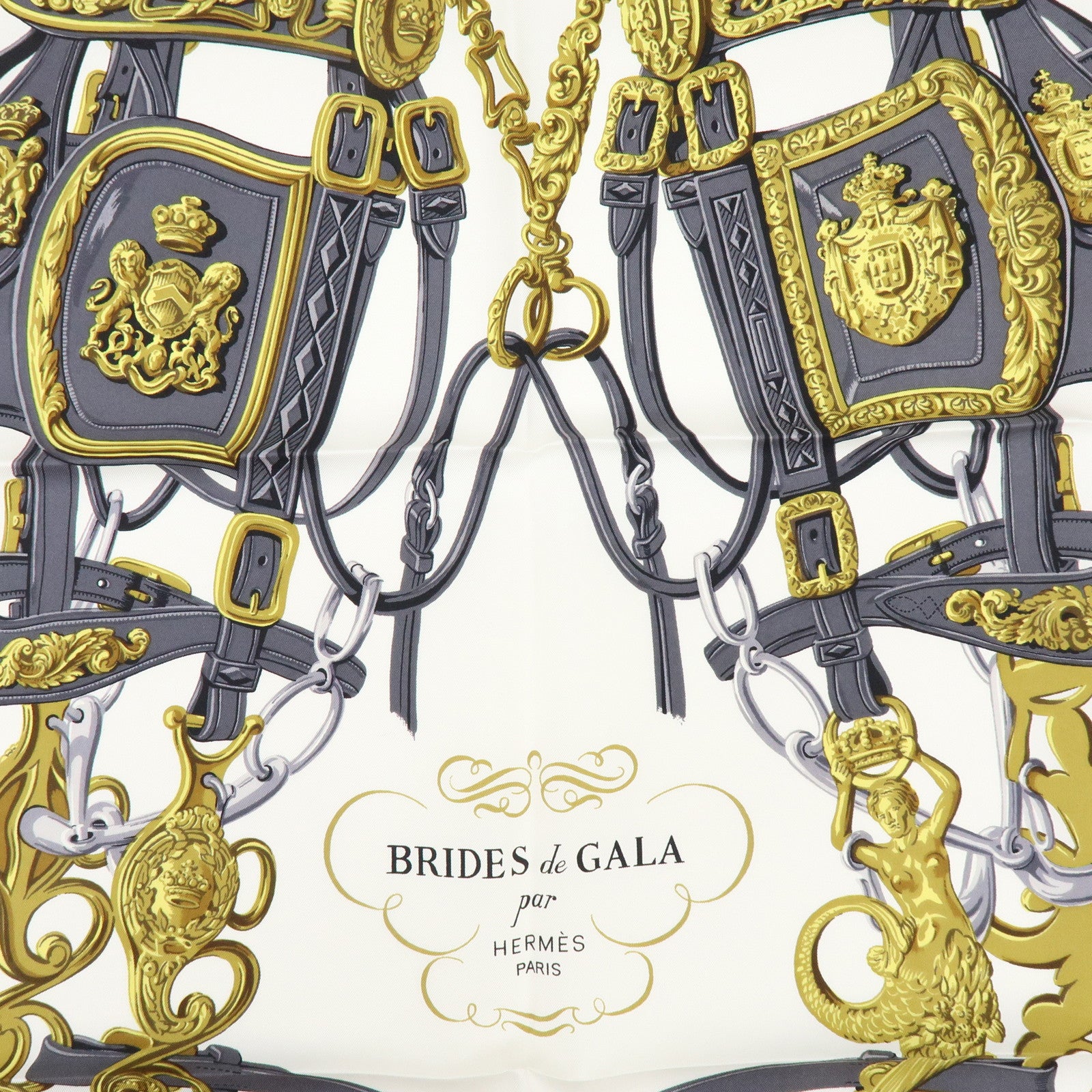 HERMES Carre 90 Silk 100% Scarf BRIDES DE GALA Light Pink Gray Gold