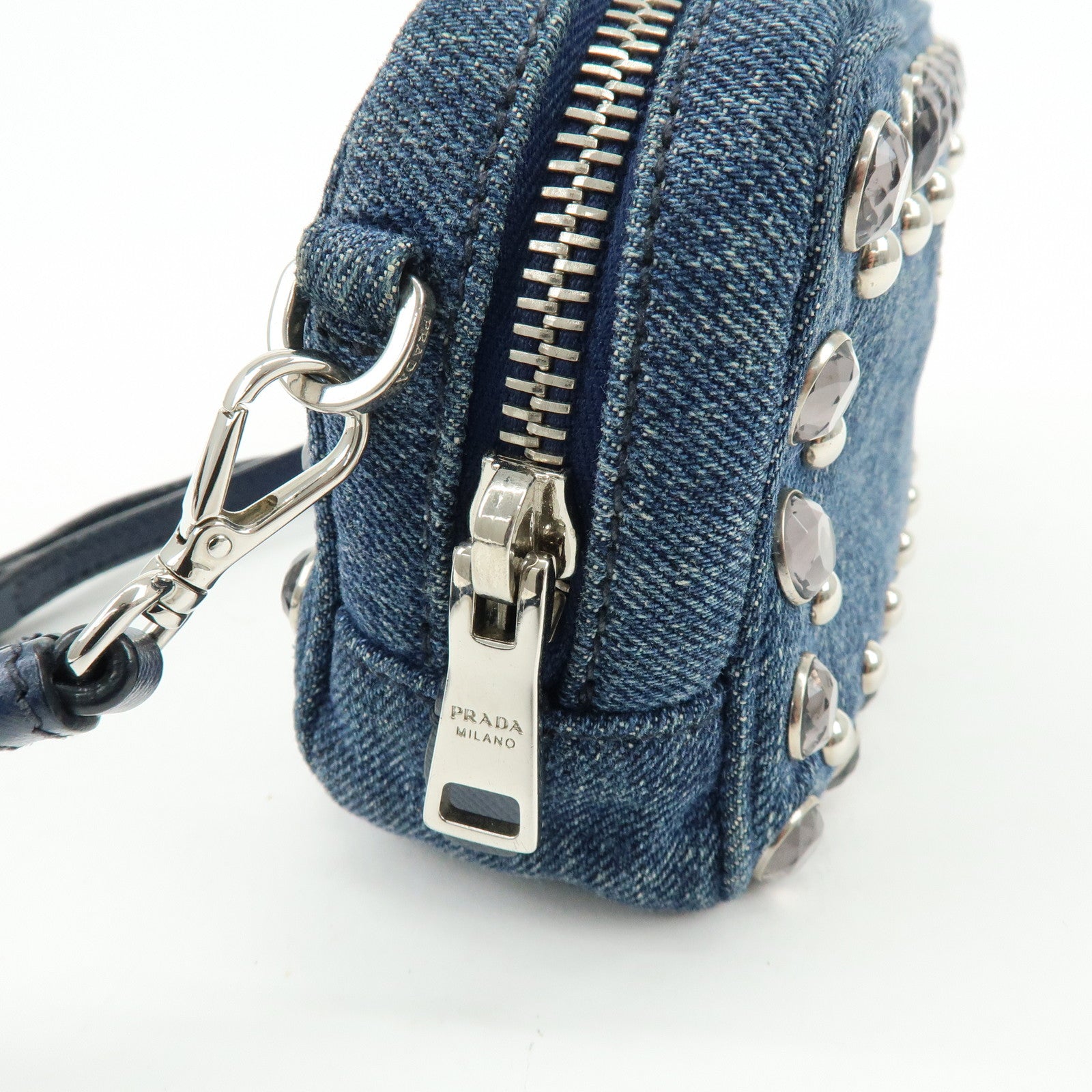 PRADA Logo Denim Shoulder Bag Crossbody Bag Rhinestone Blue