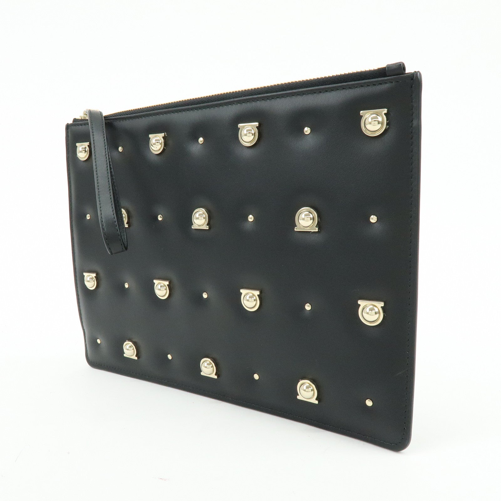 Ferragamo Gancini Leather Clutch Bag Pouch Cosmetic Bag Black