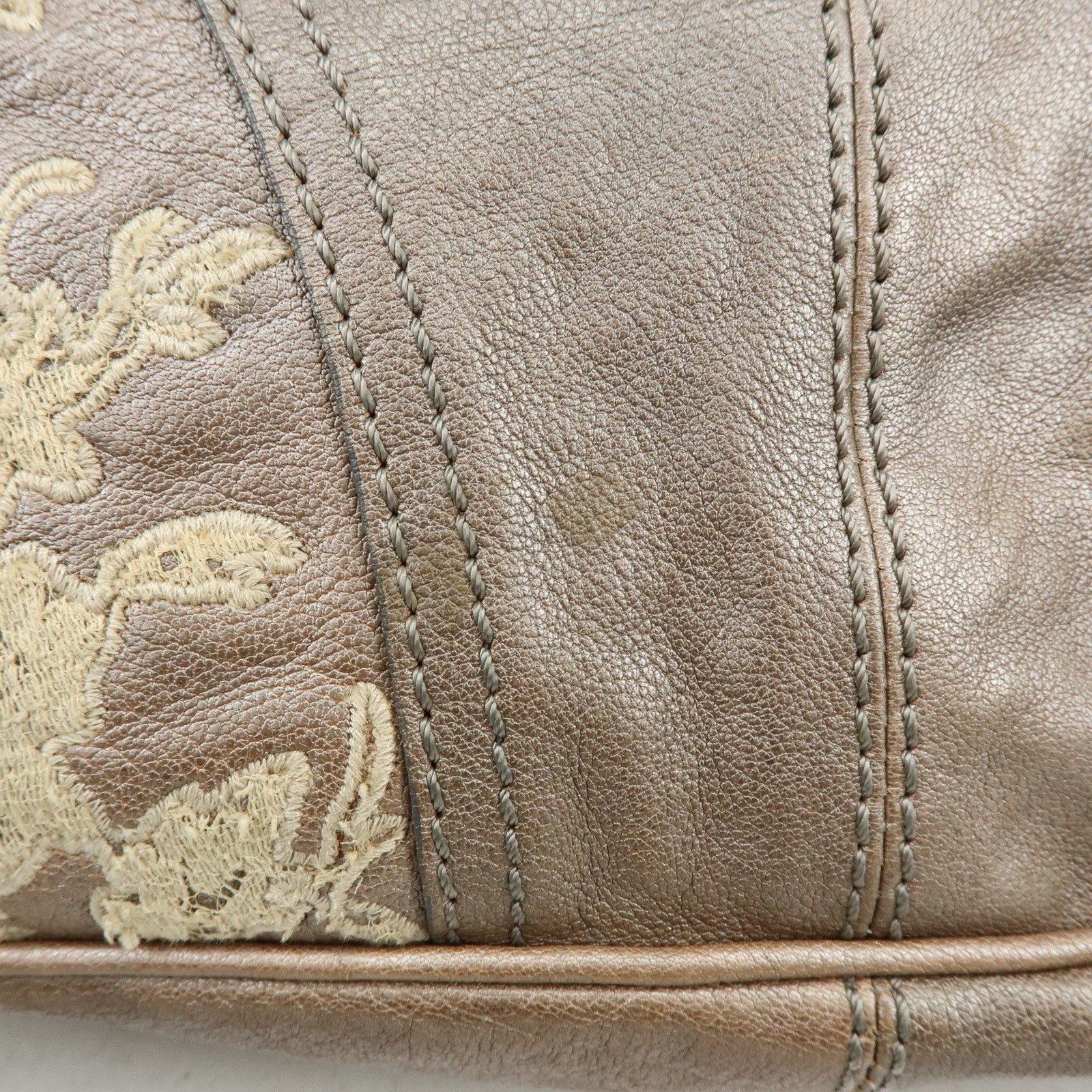 VALENTINO Flower Embroidery Leather Hand Bag Shoulder Bag Greige