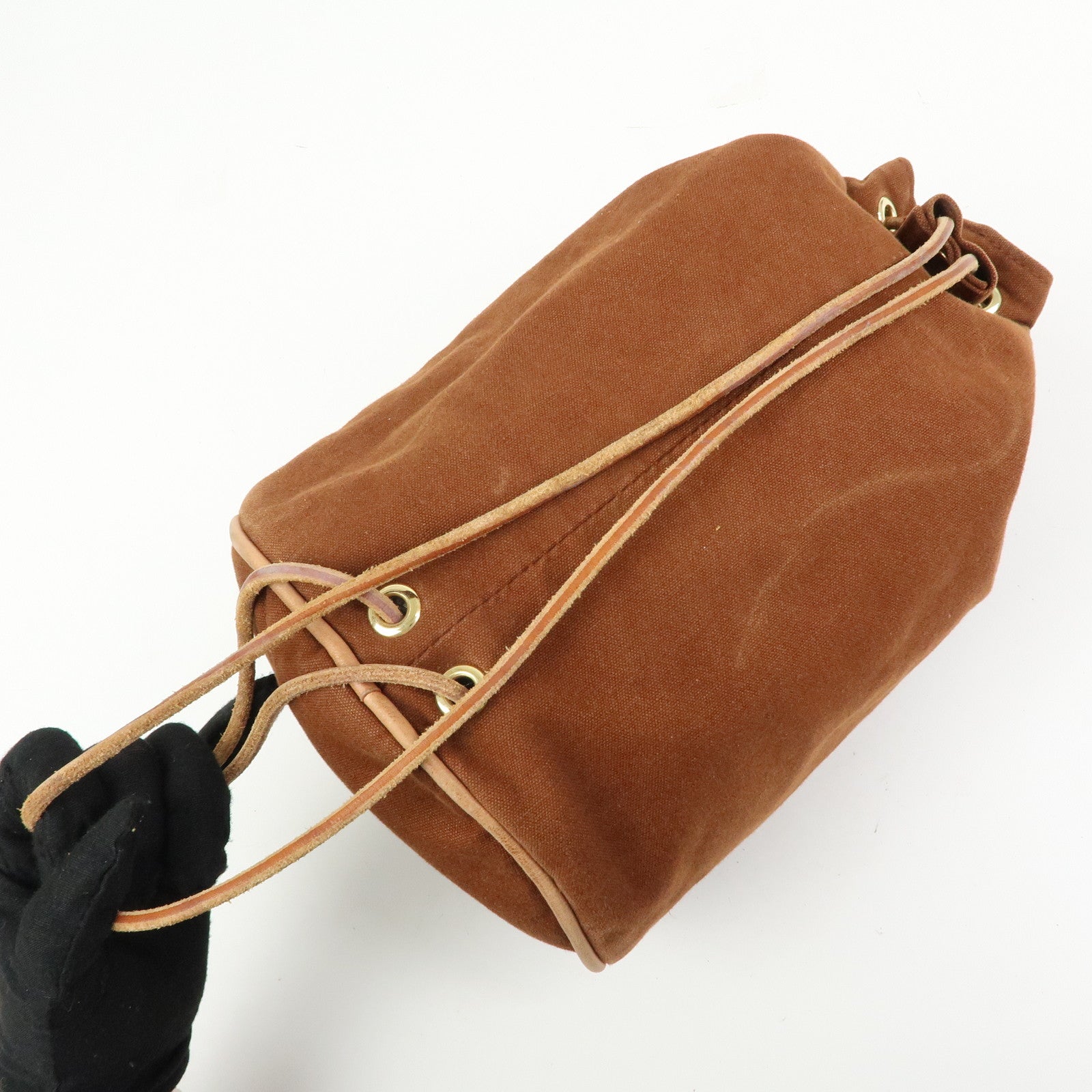 HERMES Porochon Mimil PM Canvas Leather Drawstring Backpack Brown