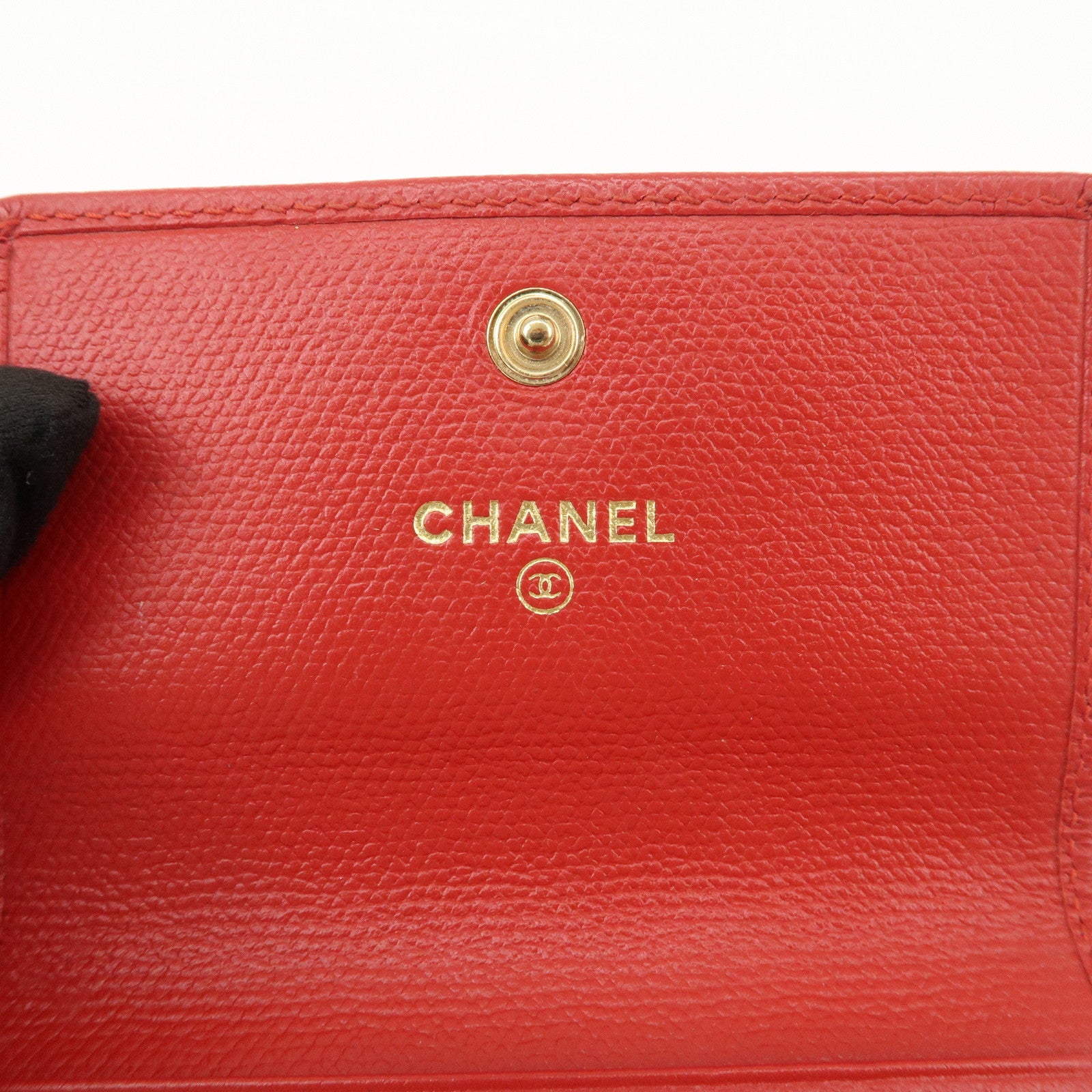 CHANEL COCO Button Leather Double Hook Compact Wallet Red A20902