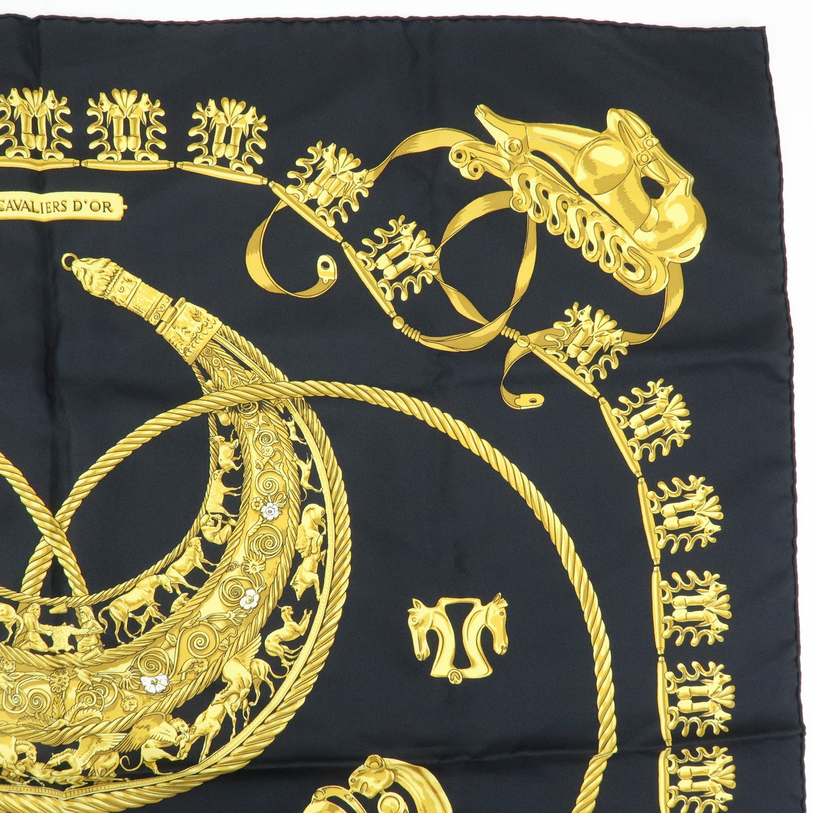 HERMES Carre 90 Silk 100% Scarf LES CAVALIERS D'OR Black Gold