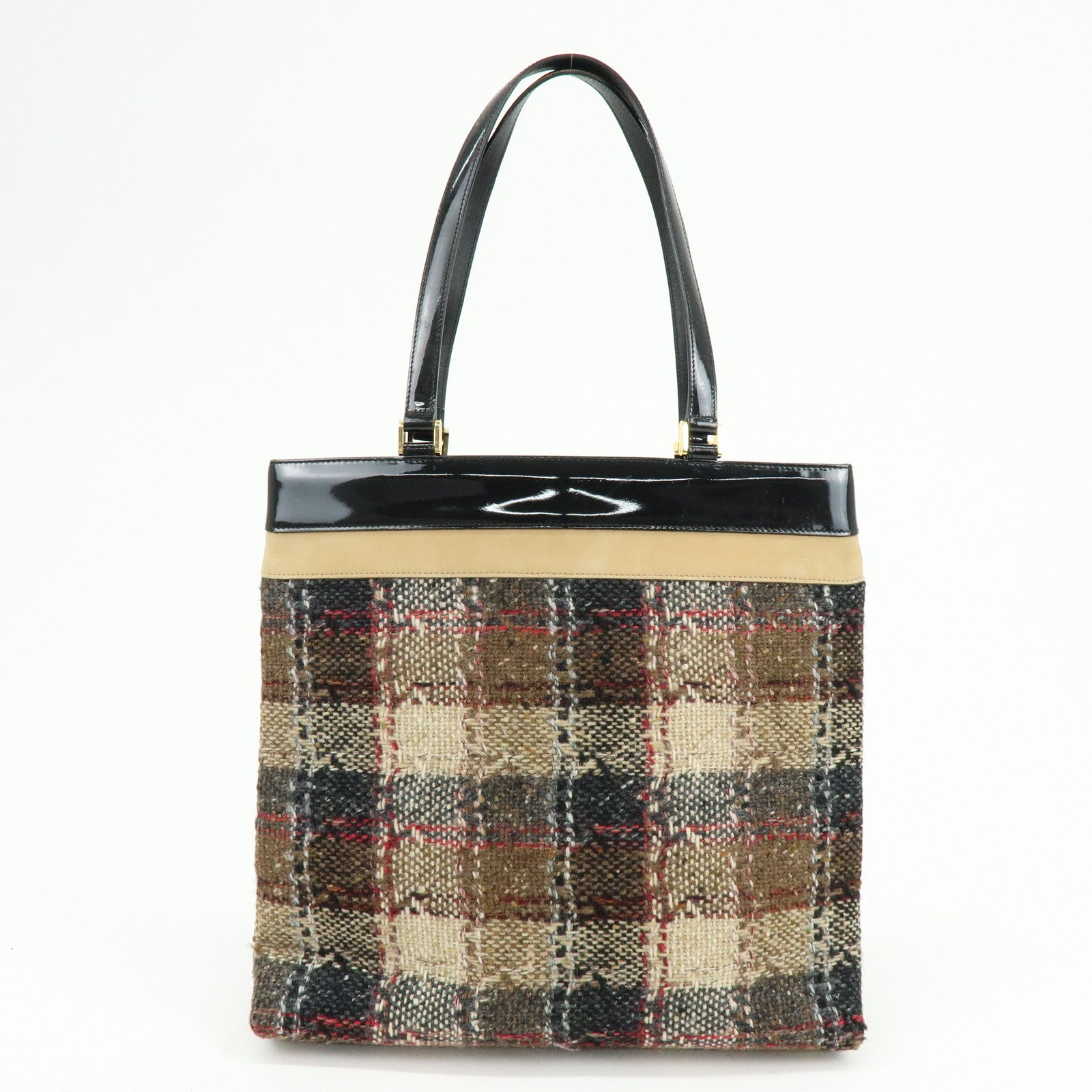 BURBERRY Tweed Patend leaether Suede Tote Bag Beige Black