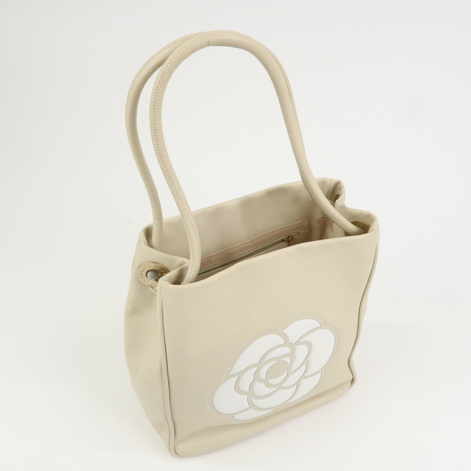 CHANEL Camelia Lambskin Hand Bag Tote Bag Ivory A20856
