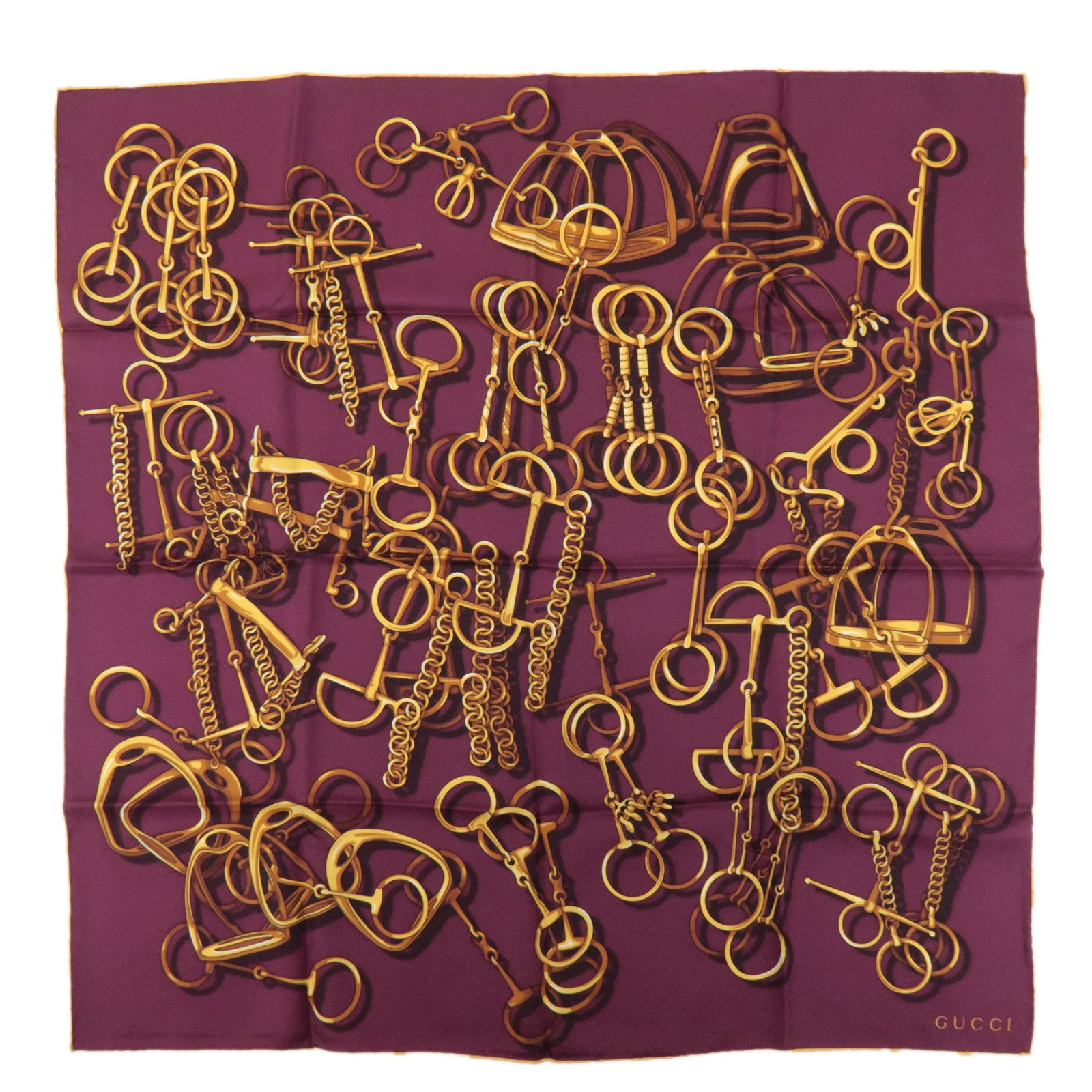 GUCCI Horse Bit Silk 100% 65×65 Scarf Purple