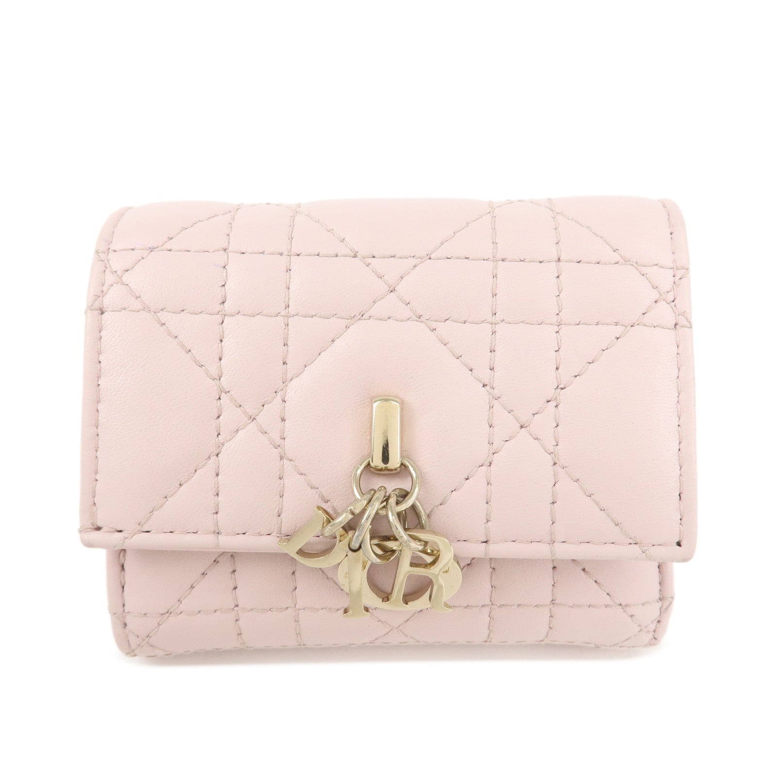 Christian Dior Cannage Leather Compact Wallet Pink Used