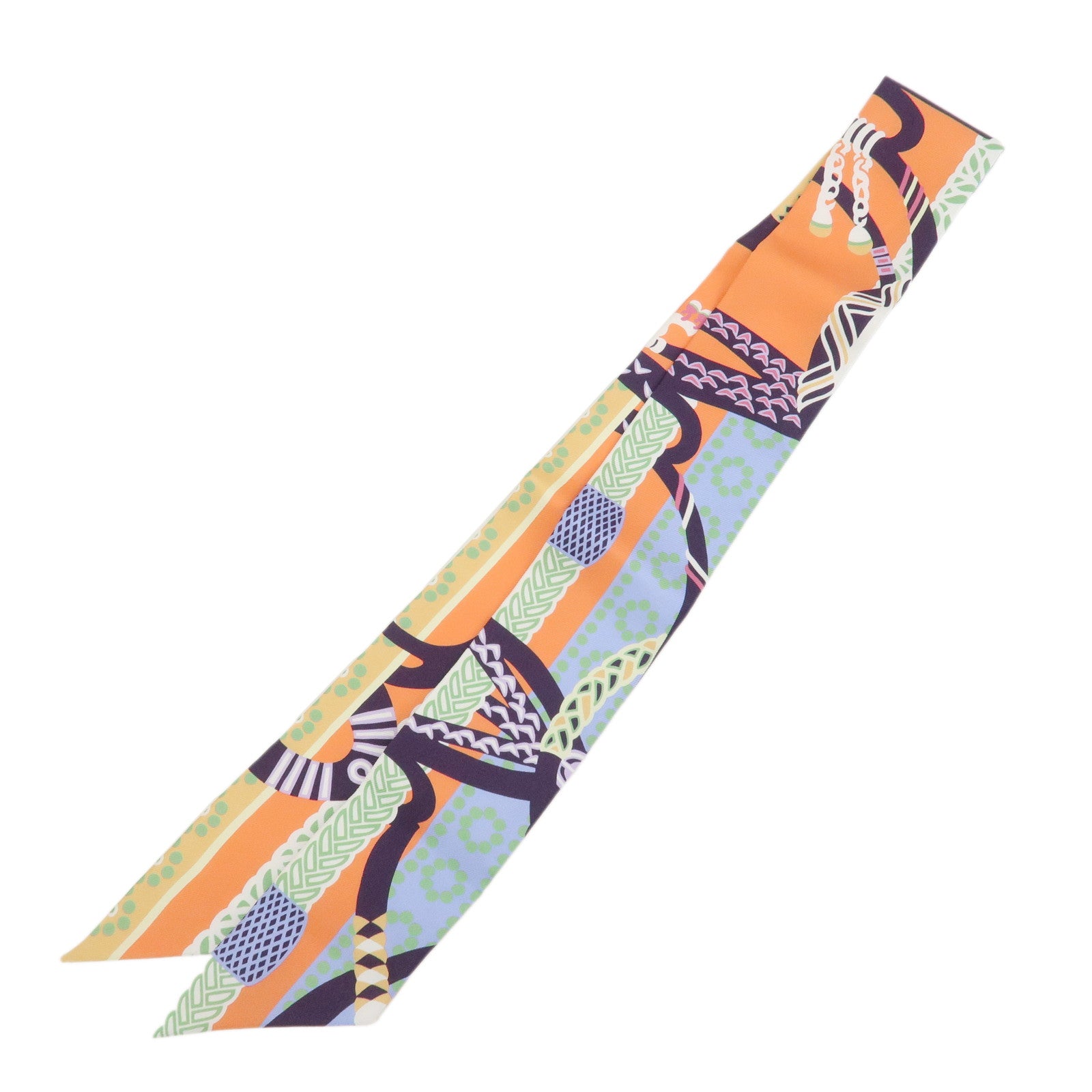 HERMES Twilly Silk 100% Scarf Fantaisie d'Etriers Orange Blue