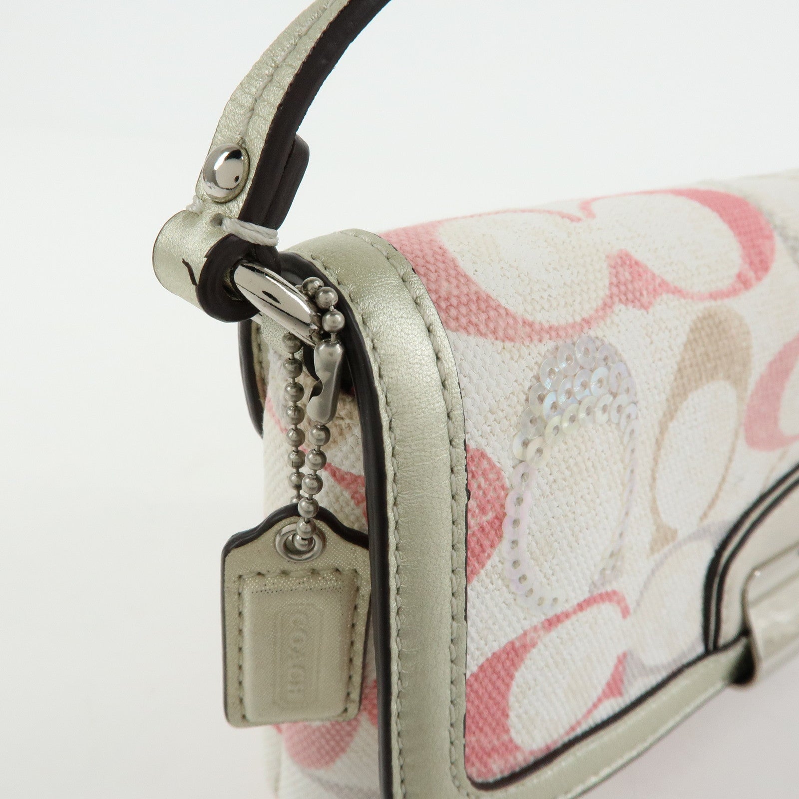 COACH Signature Canvas Sequins Leather Hand Bag Beige Light Gold