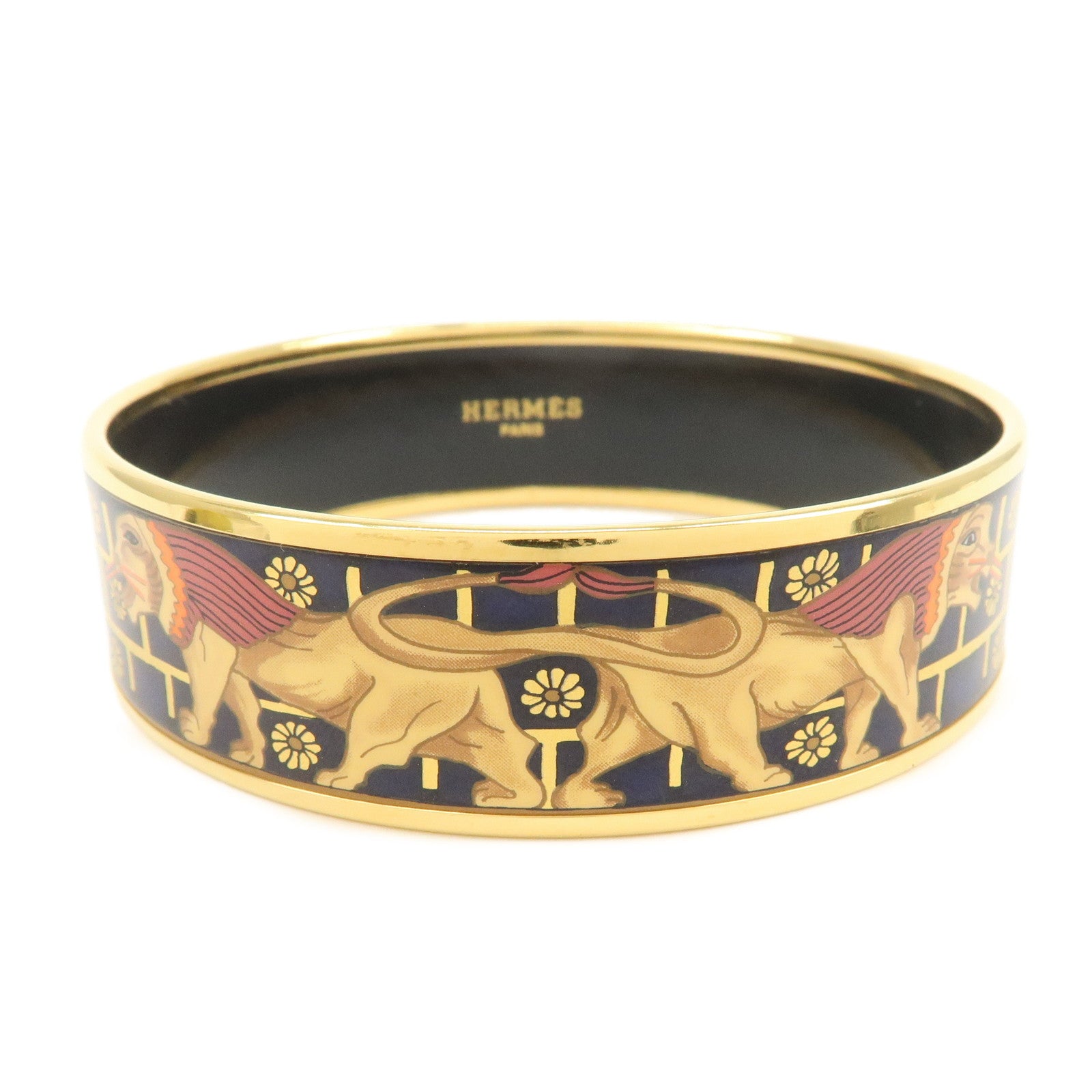 HERMES Email GM Gold Plated Bangle Bracelet Navy Gold
