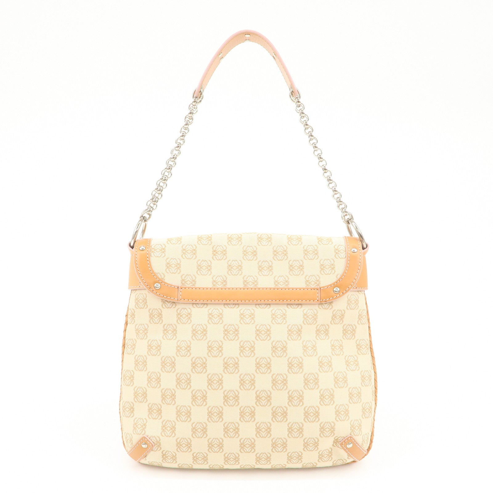 LOEWE Repeat Anagram Leather Canvas Chain Shoulder Bag Beige Brown Used