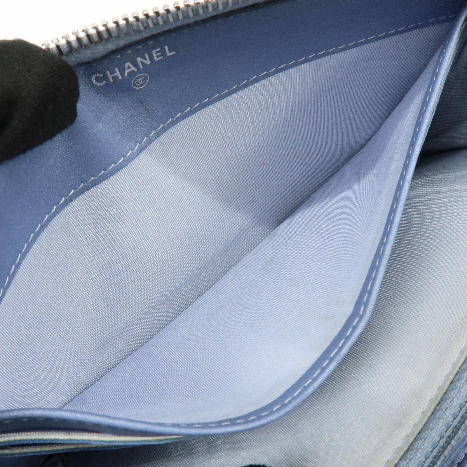 CHANEL Camellia Lamb Skin Round Zippy Wallet Light Blue A82281