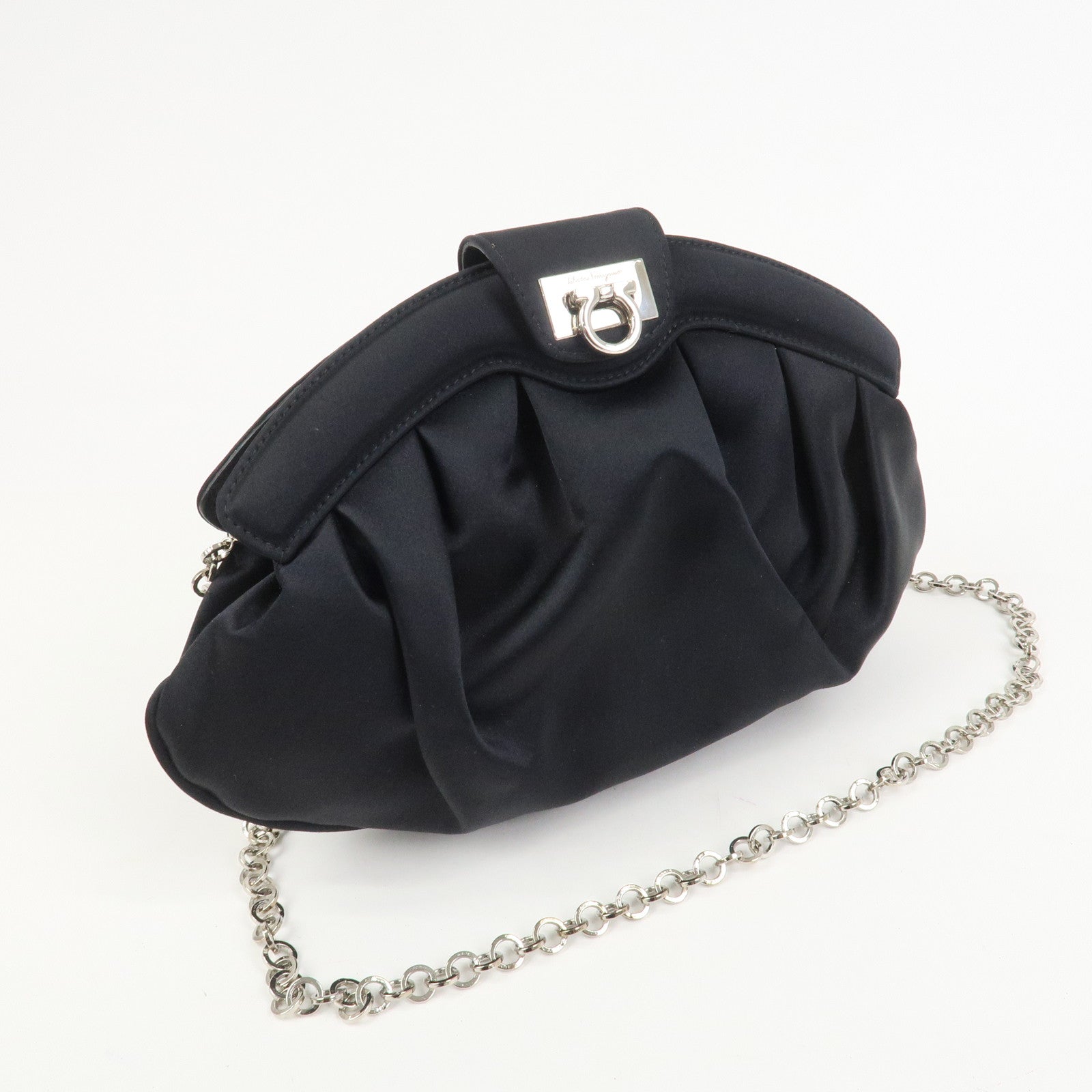 Ferragamo Gancini Satin Shoulder Bag Crossbody Bag Black Q 21 6436