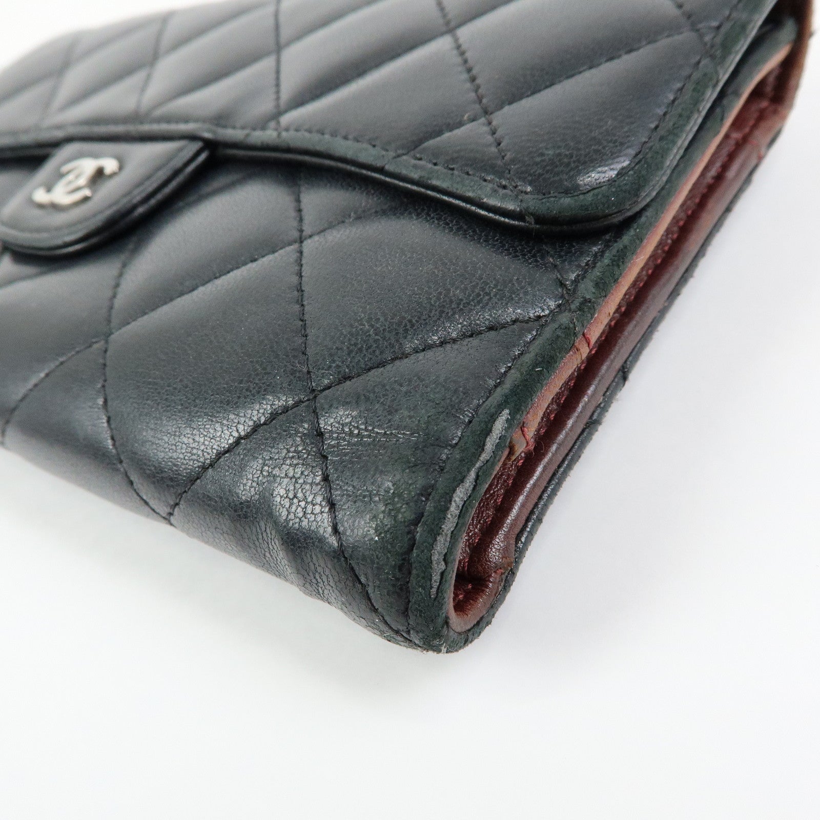 CHANEL Matelasse Lamb Skin Long Flap Wallet Black Silver A82281