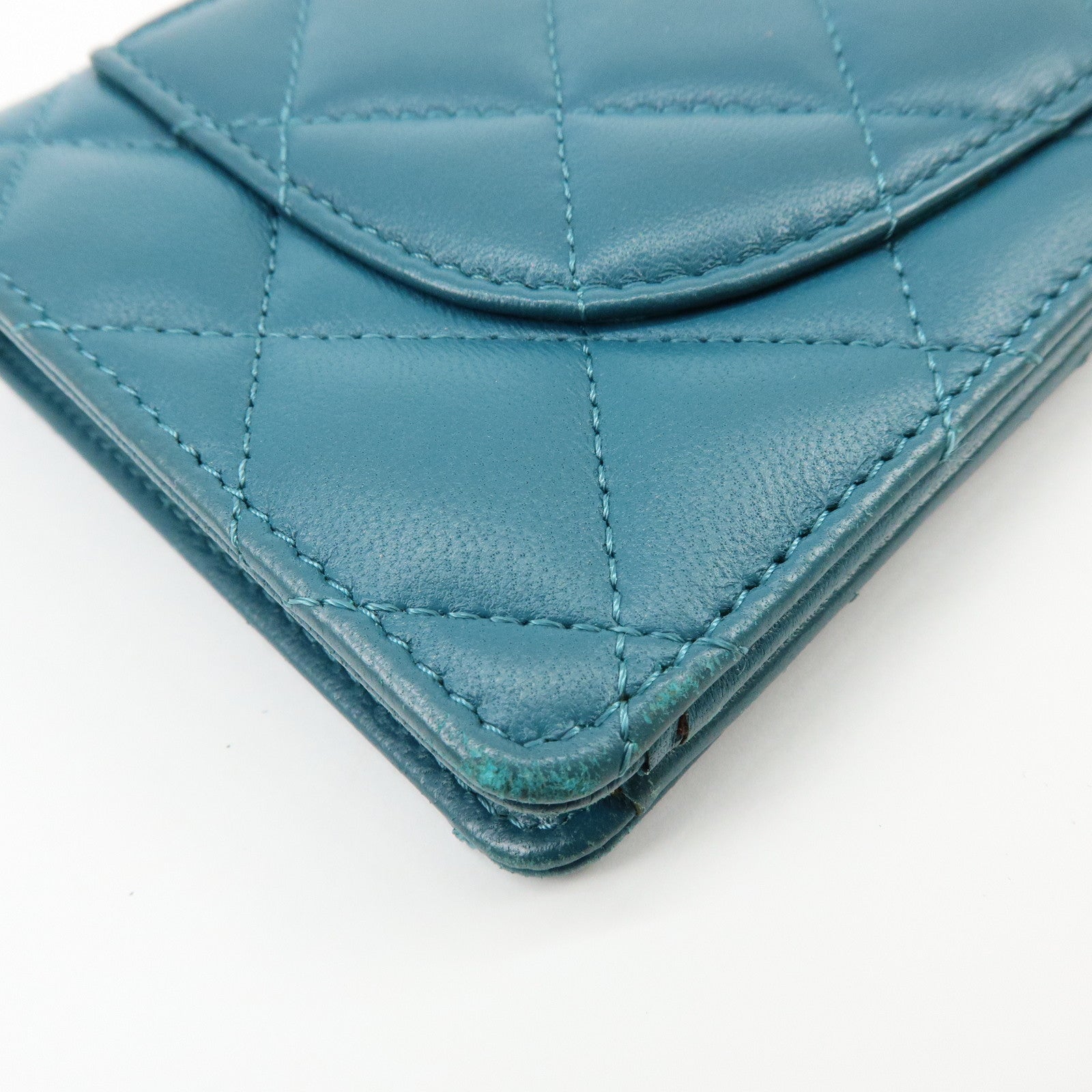 CHANEL COCO Mark Matelasse Lamb Skin Bi-fold Flap Long Wallet Blue