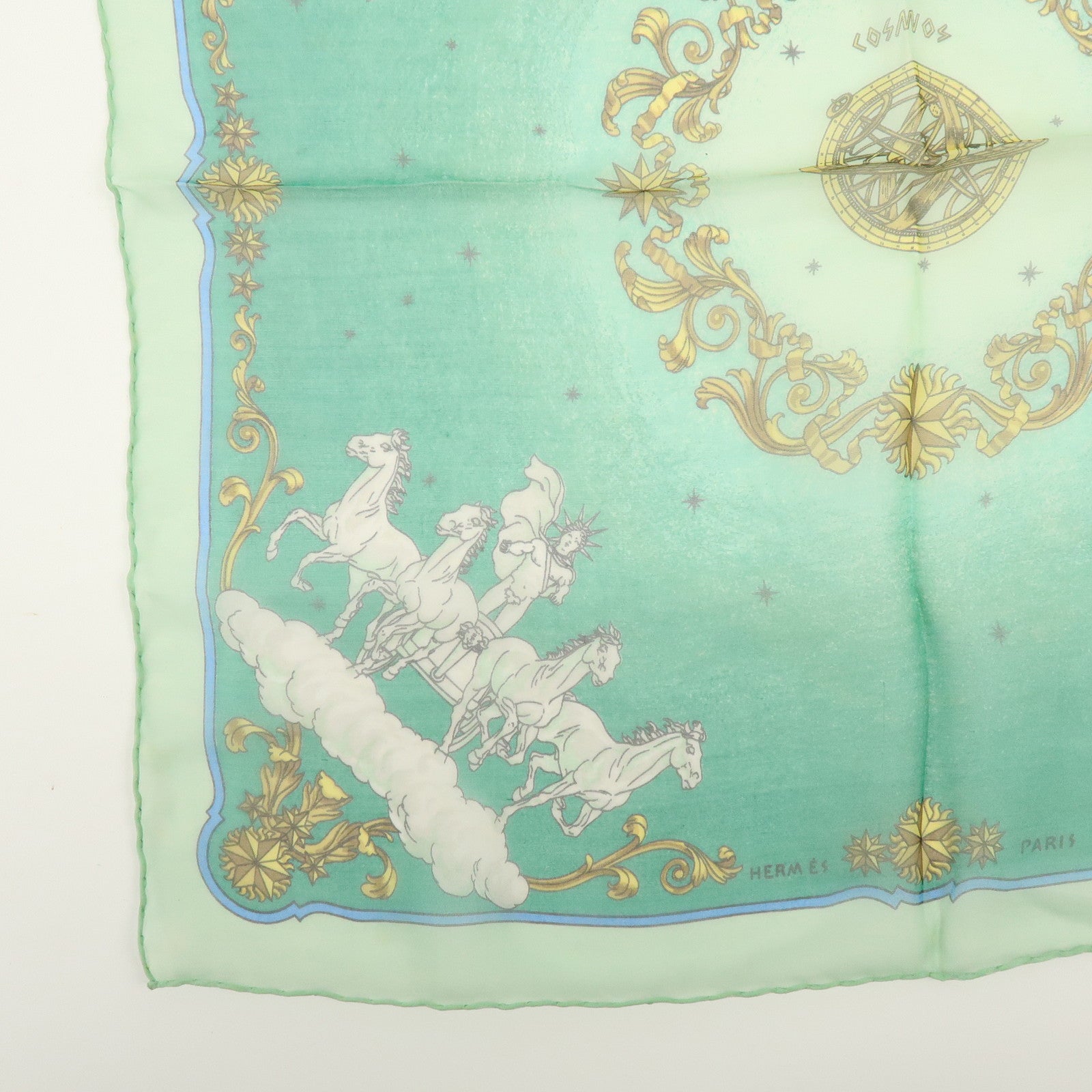 HERMES Carre 40 Silk Scarf COSMOS Horse-drawn Carriage Motif Green