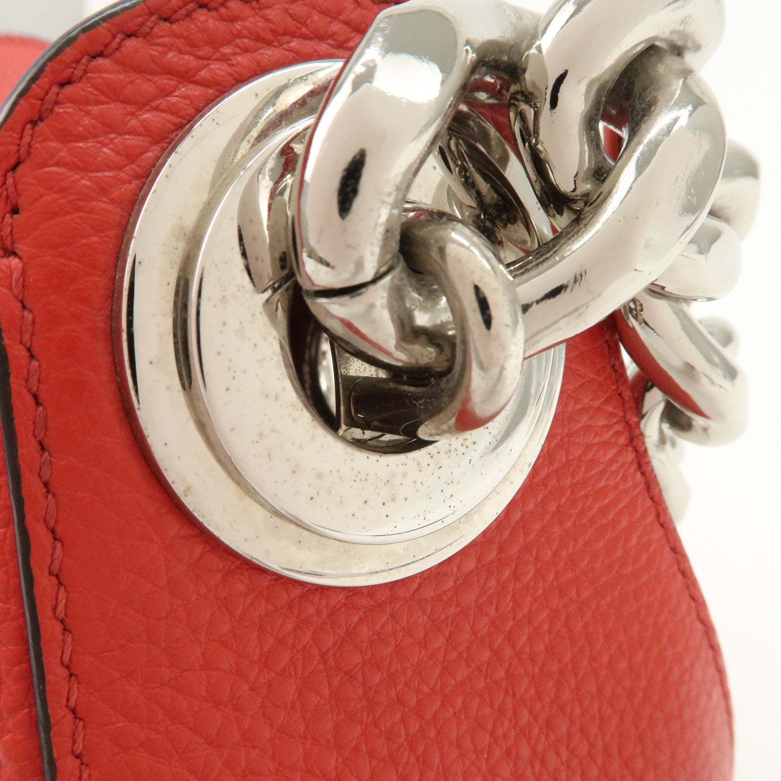 PRADA Logo Grommet Leather Chain Shoulder Bag Red Silver 1BA027