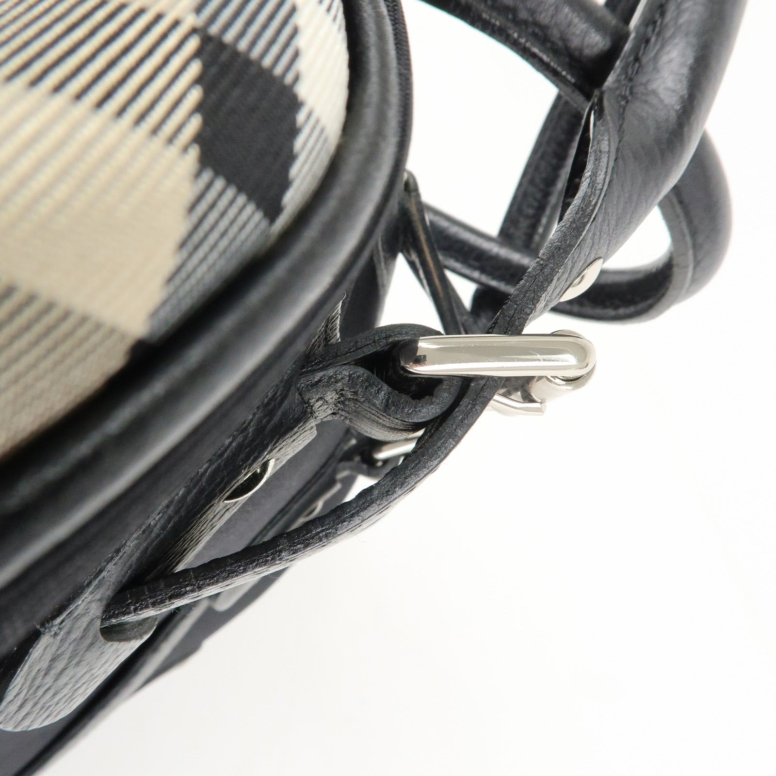 BURBERRY Canvas Leather Nova Plaid Boston Bag Black Beige Used