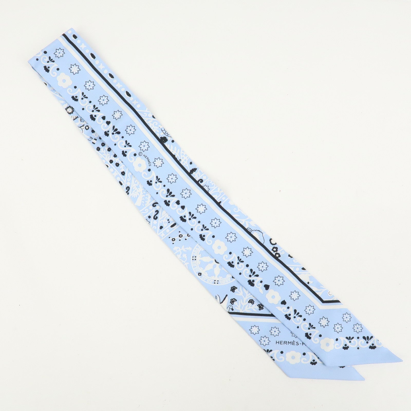 HERMES Twilly Silk 100% Scarf PEUPLE DU VENT Light Blue Black White