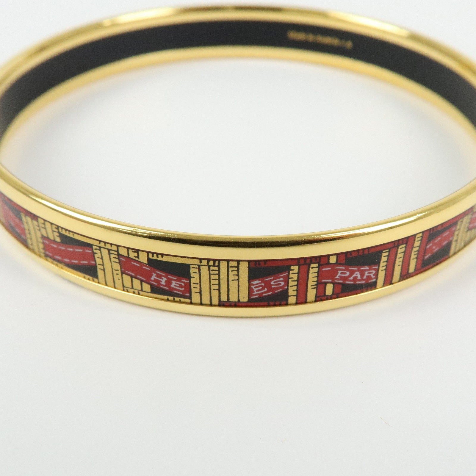 HERMES Email PM Bracelet Bangle Ribbon Motif Metal Gold Red Black