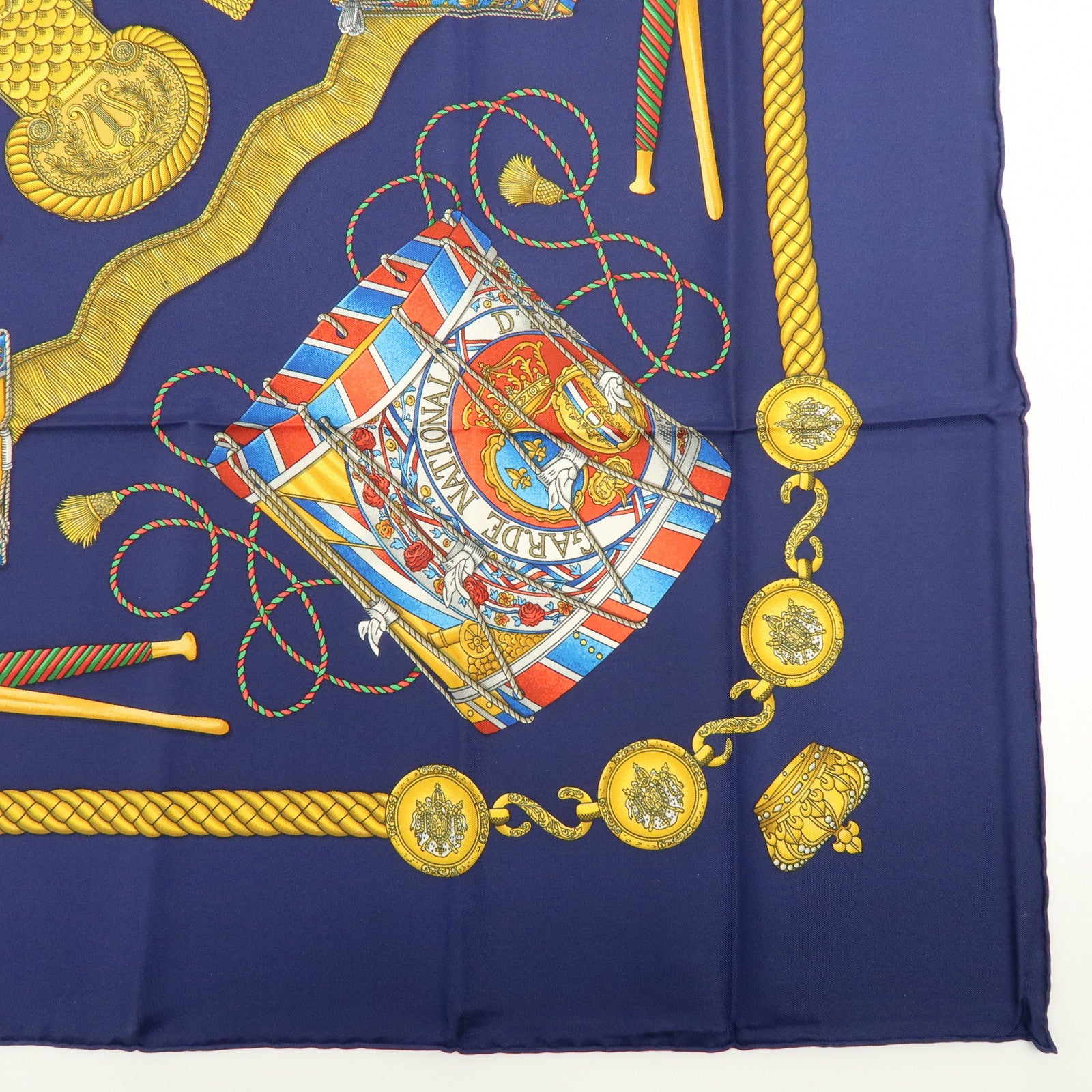 HERMES Carre 90 Silk 100% Scarf  LES TAMBOURS Navy Gold