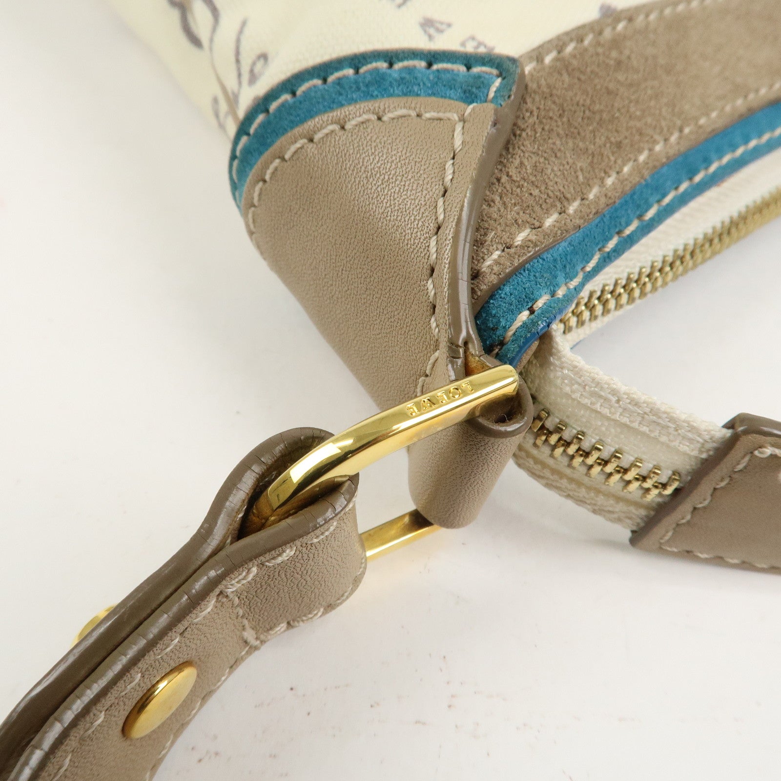 LOEWE Anagram Canvas Suede Leather Shoulder Bag Beige Blue Used