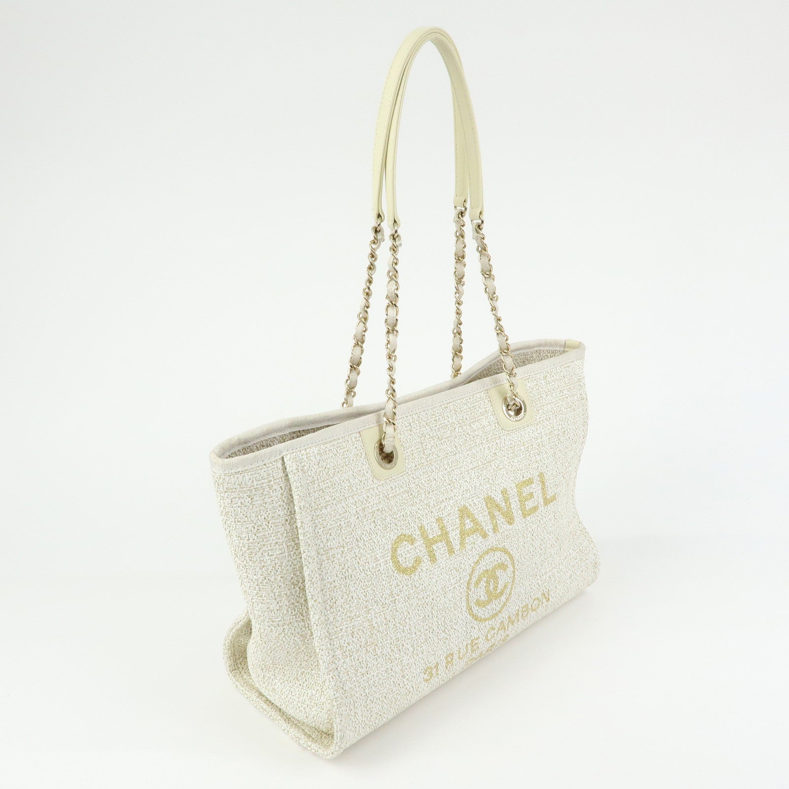 CHANEL Deauville MM Straw Leather Tote Shoulder Bag White A67001