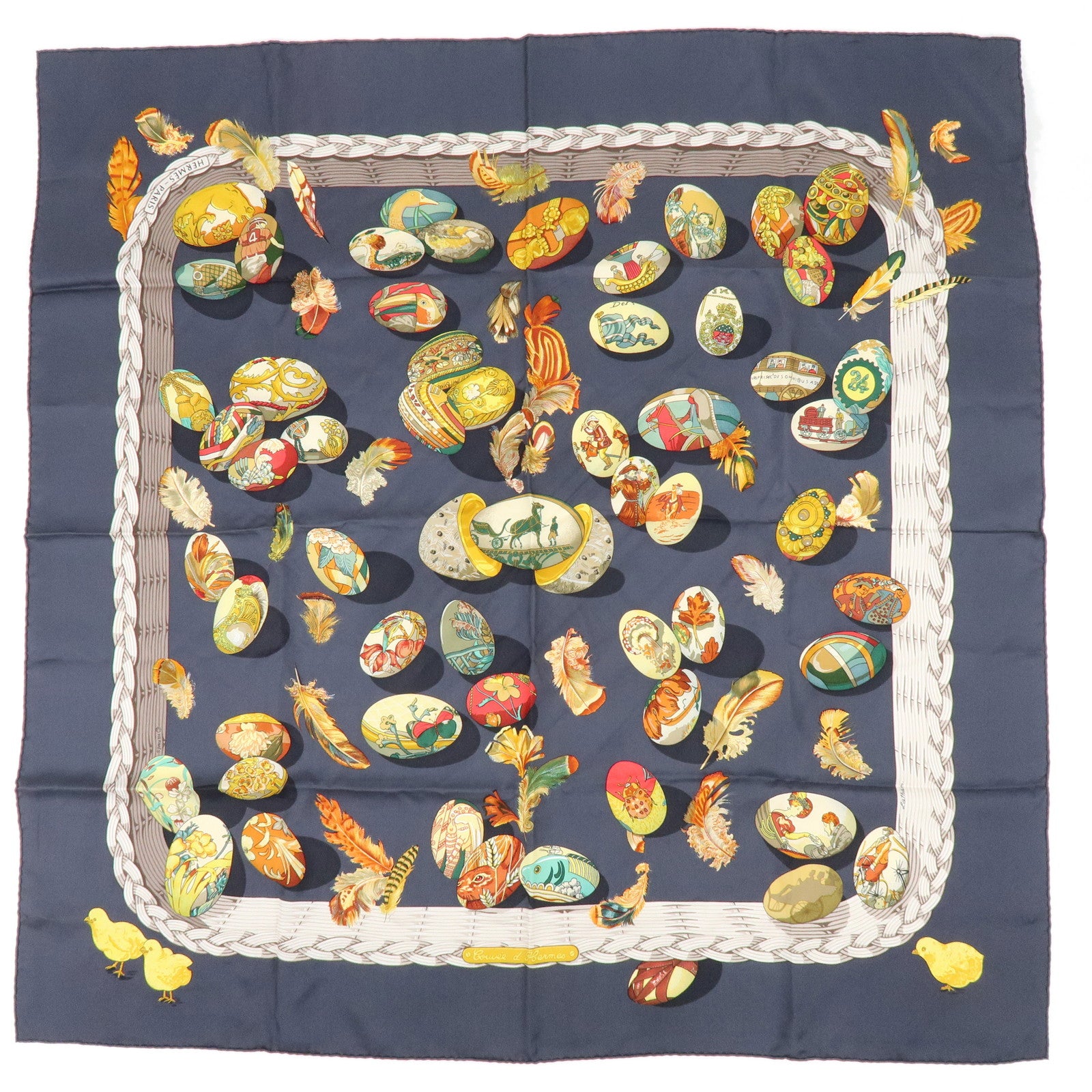 HERMES Carre 90 Silk 100% Scarf COUVEE D HERMES Egg Print Grey