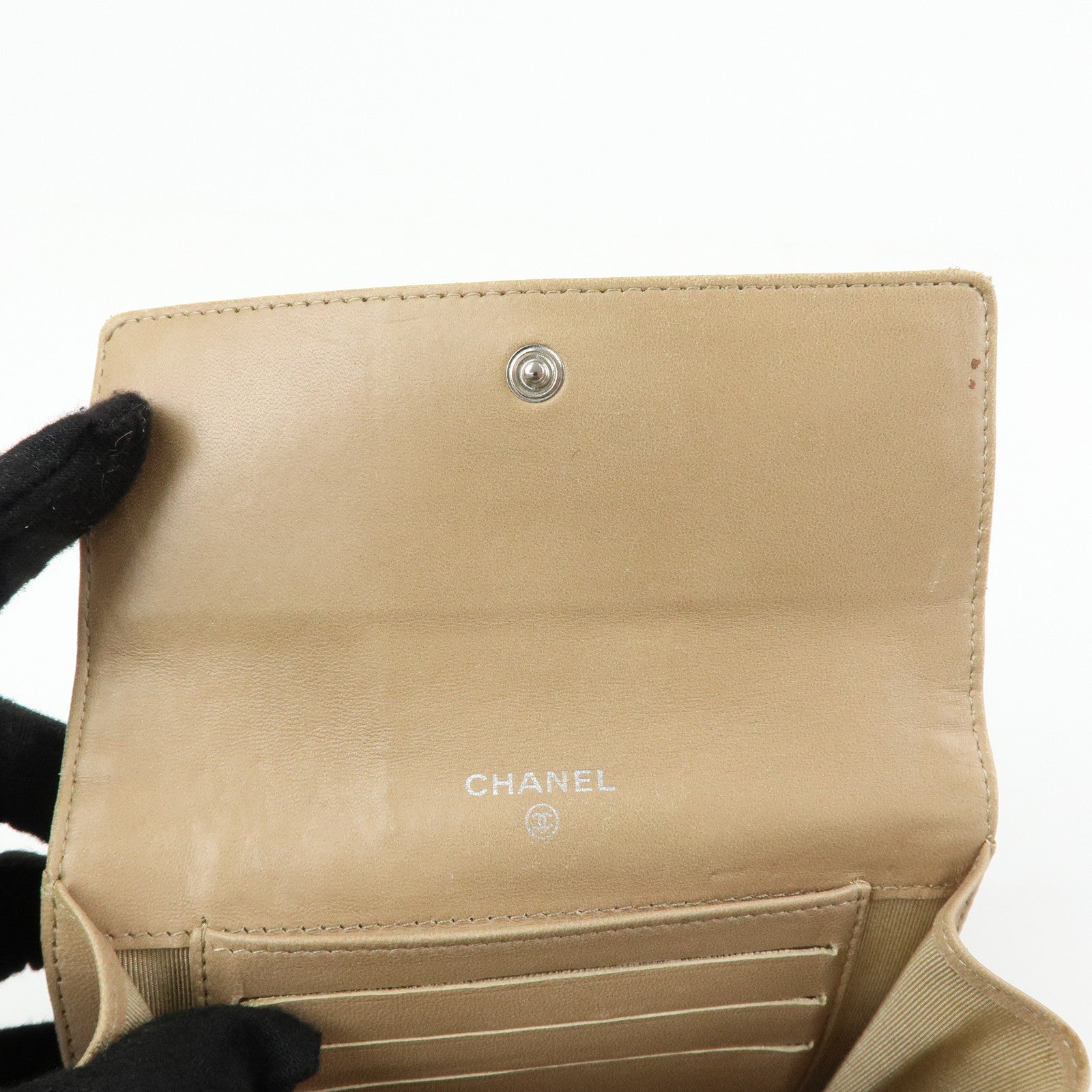 CHANEL Icon Line Unborn Calf Leather Patchwork Compact Wallet Beige