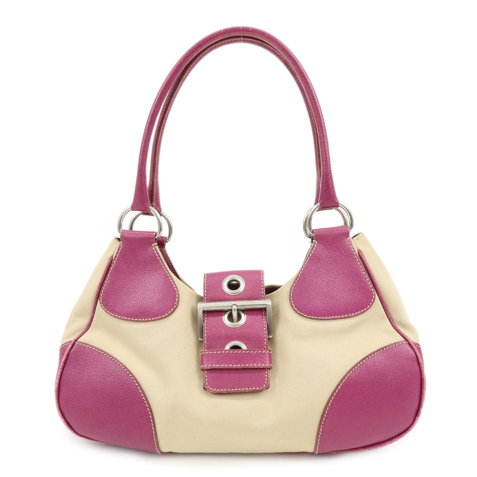 PRADA Triangle Logo Canvas Leather Hand Bag Beige Purple BR0811