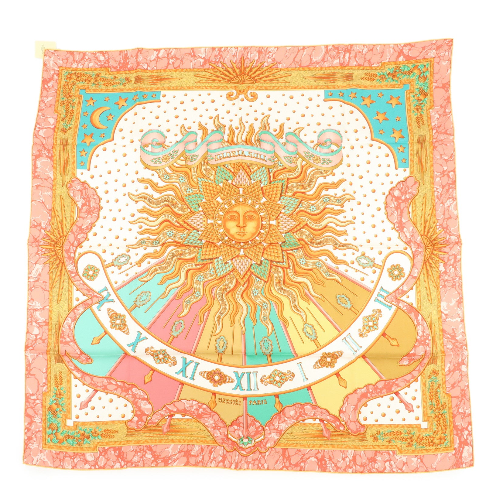 HERMES Carre 90 Silk 100% Scarf CARPE DIEM Pink White