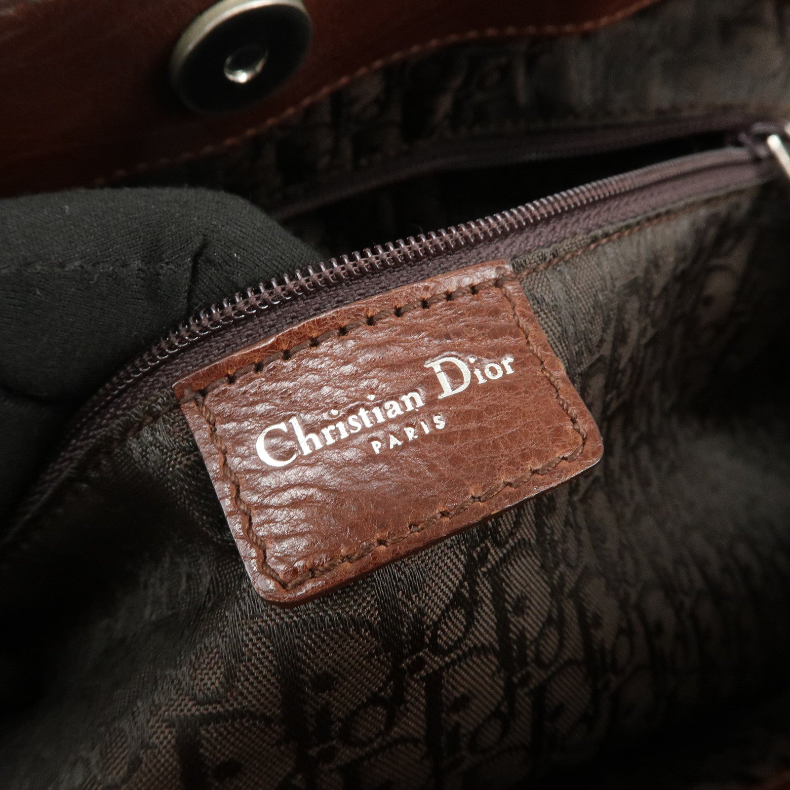 Christian Dior Leather Flower Embroidery Tote Shoulder Bag Brown