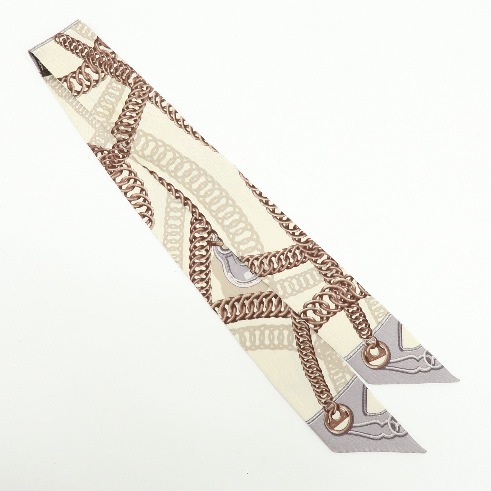 HERMES Twilly Silk 100% Scarf Chain Print Ivory Brown