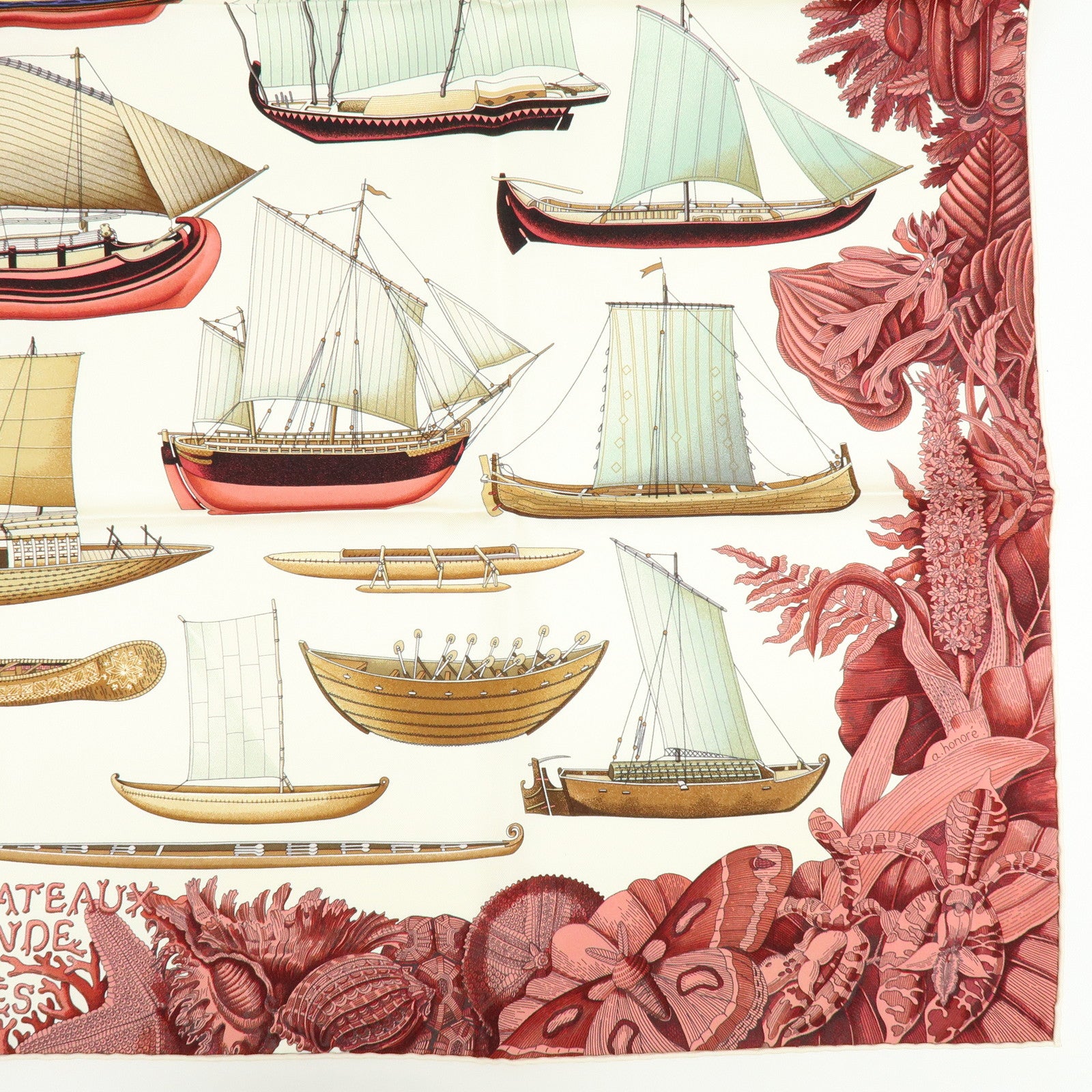 HERMES Carre 90 Silk 100% Scarf Tous Les Bateaux du Monde White Red