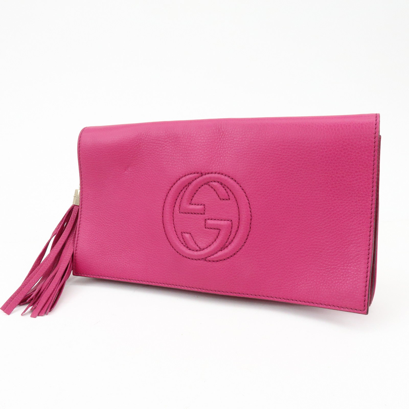 GUCCI SOHO Interlocking G Leather Tassel Clutch Bag Pink 336753