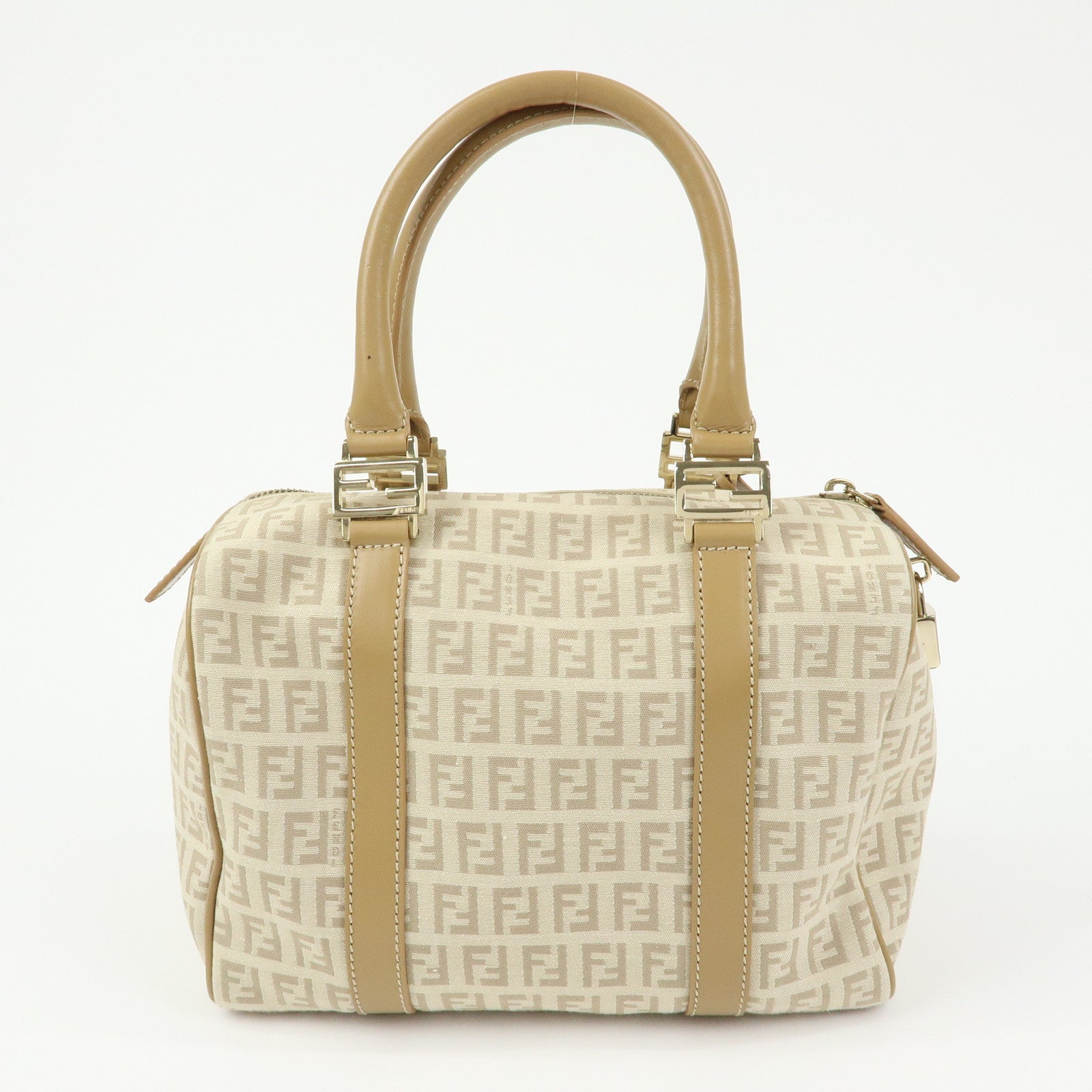 FENDI Zucchino Canvas Leather Boston Bag Hand Bag Beige 8BL068