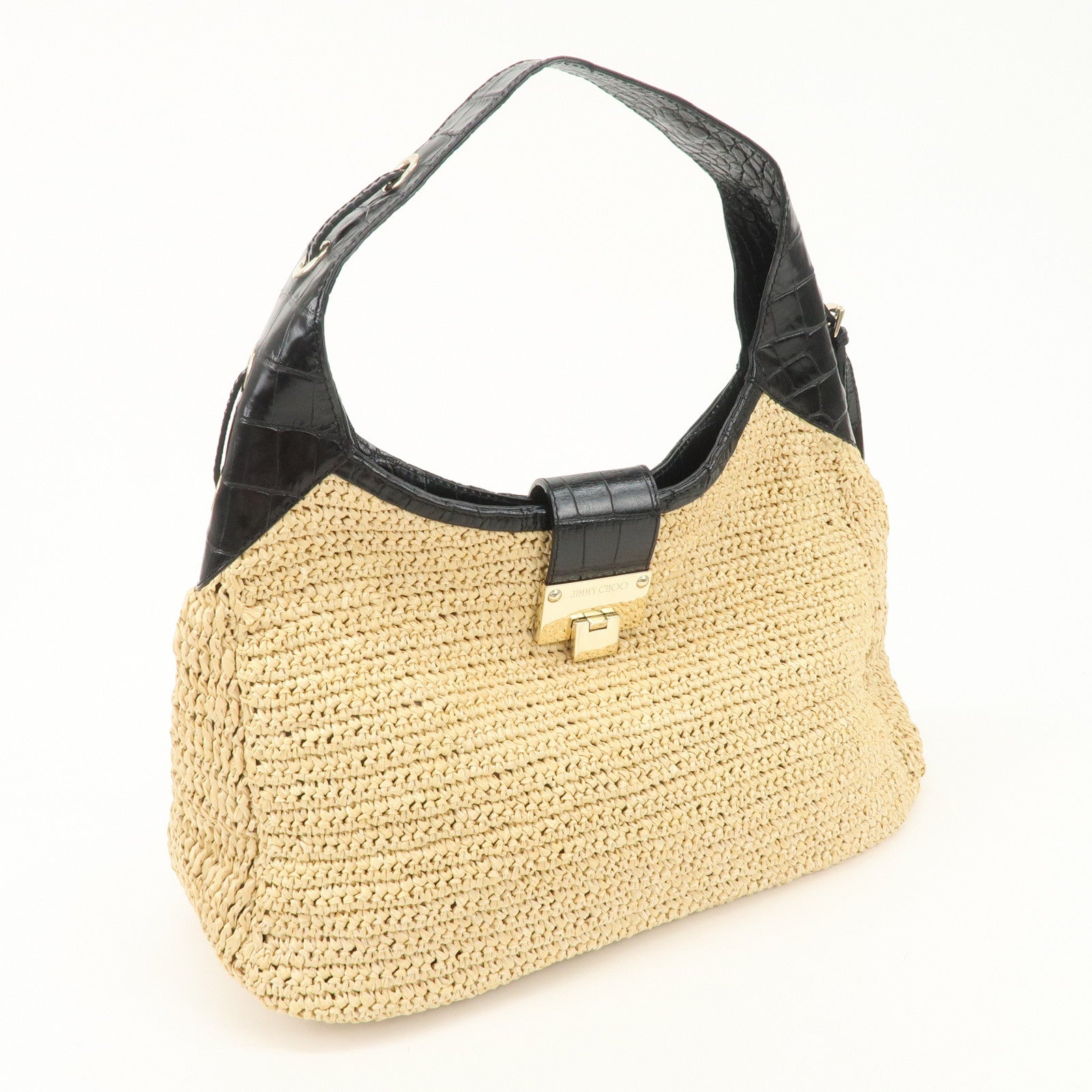 JIMMY CHOO Raffia Embossed Leather One Shoulder Bag Natural Black